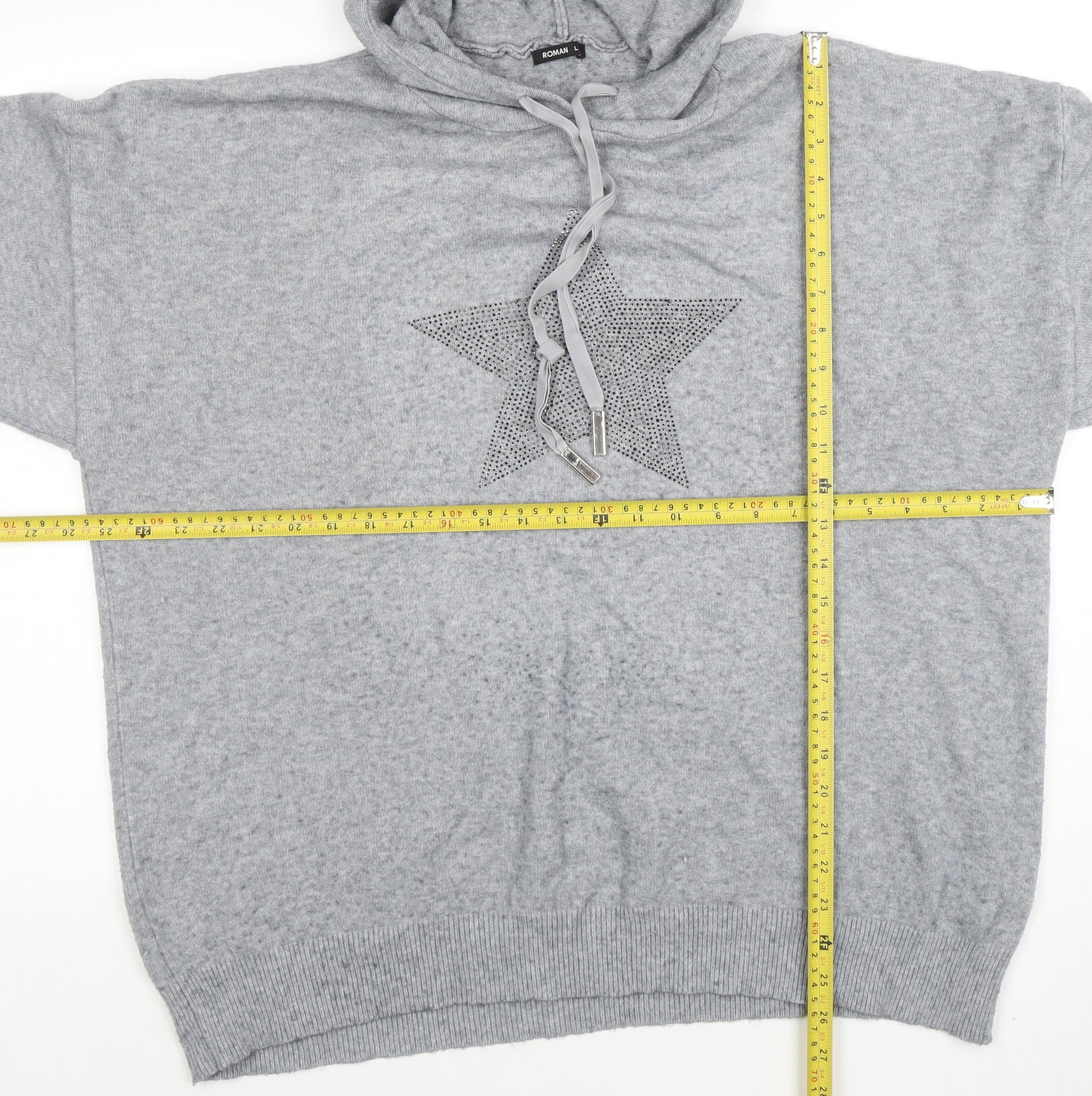 Roman Women Grey L Hooded Pullover Sweatshirt Rhinestone Star - Image 2