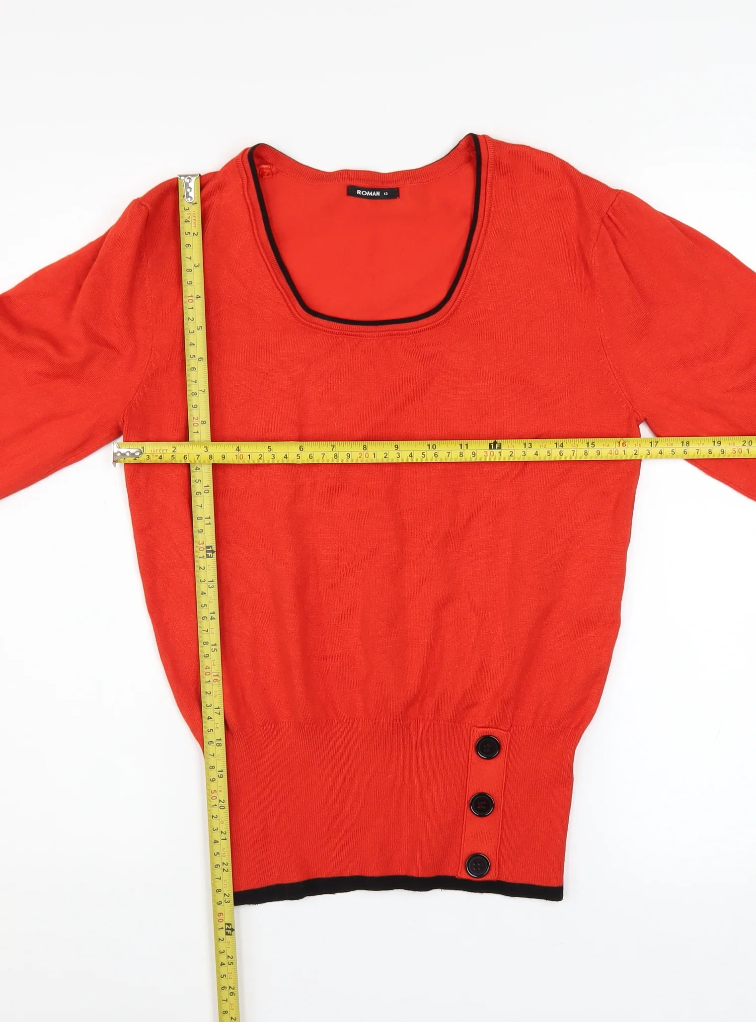 Roman Women Red Scoop Neck Button Detail Knit Jumper Size 12 - Image 2