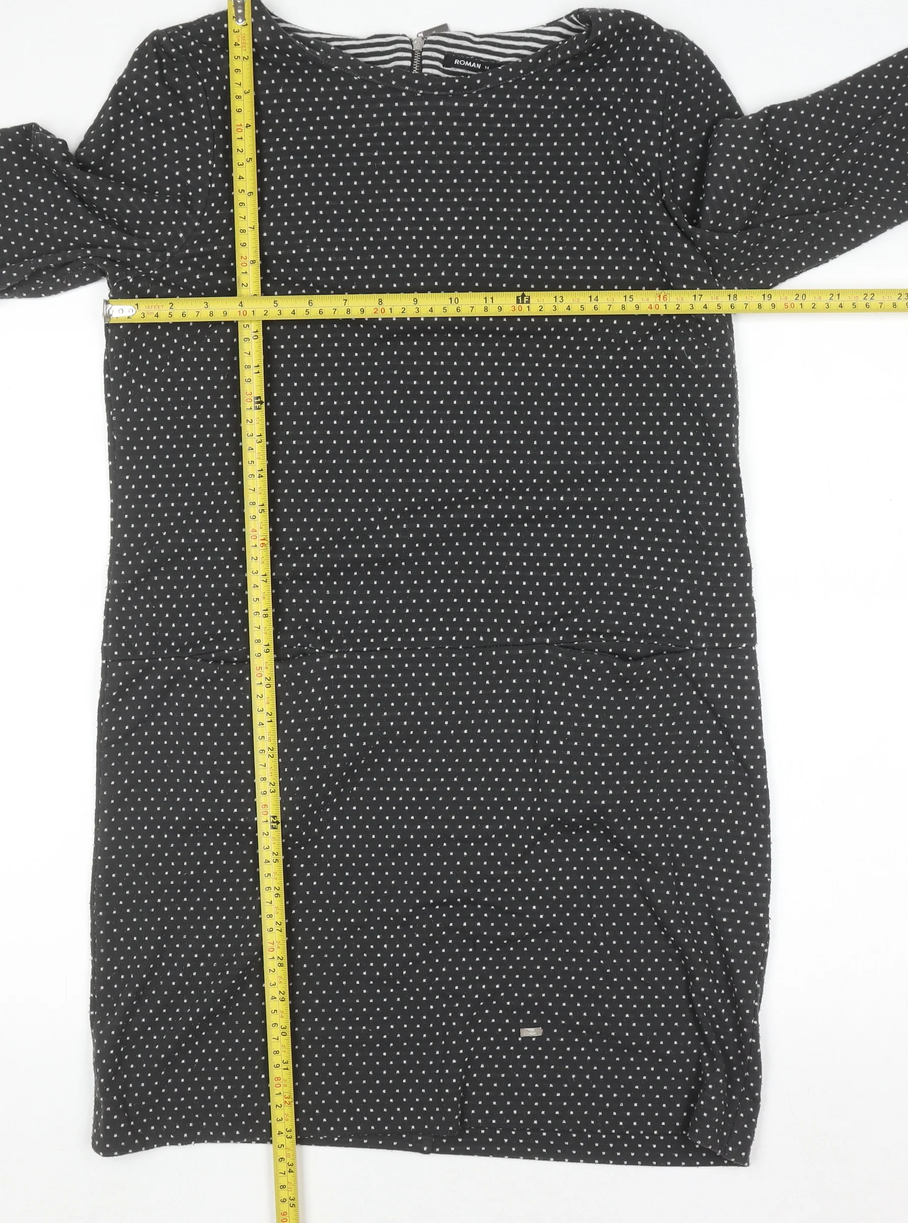 Roman Women’s Black Polka Dot Shift Dress Size 14 3/4 Sleeve Zip Back - Image 2