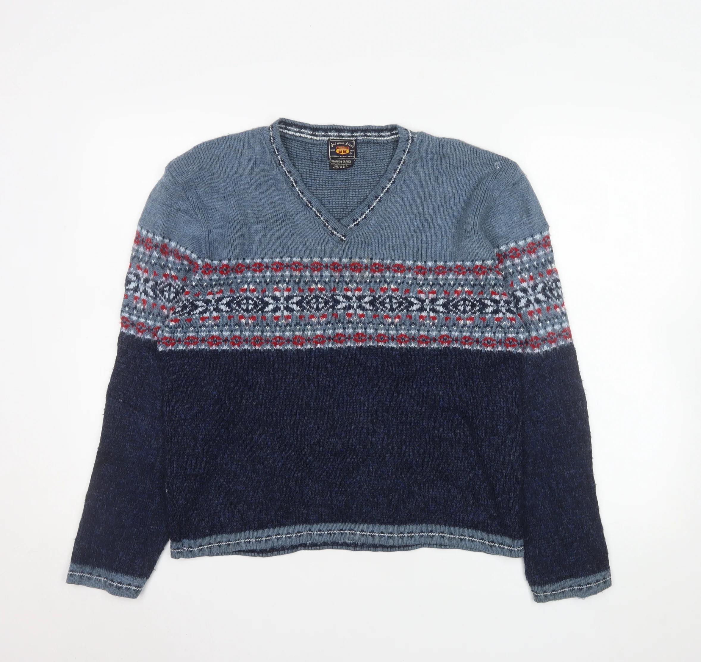 Route 66 Men's Blue Fair Isle V-Neck Acrylic Pullover Jumper XL