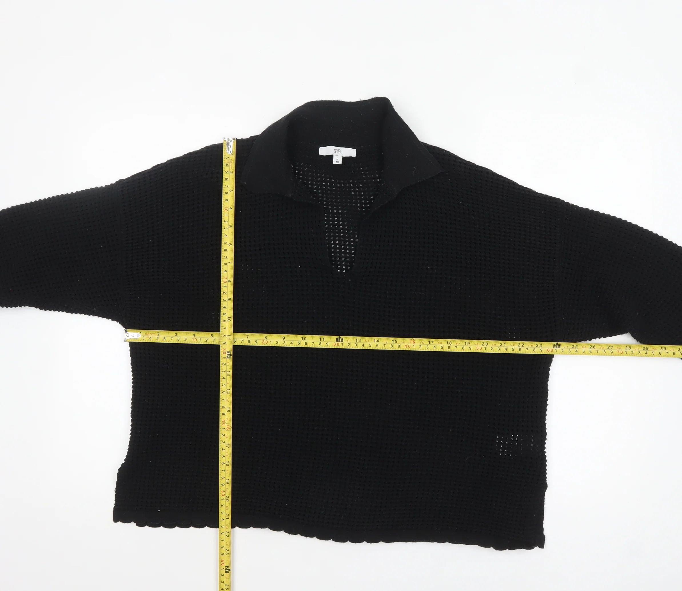 RR Women’s Black Collared Open-Knit Cotton Blend Pullover Jumper Size M - Image 2