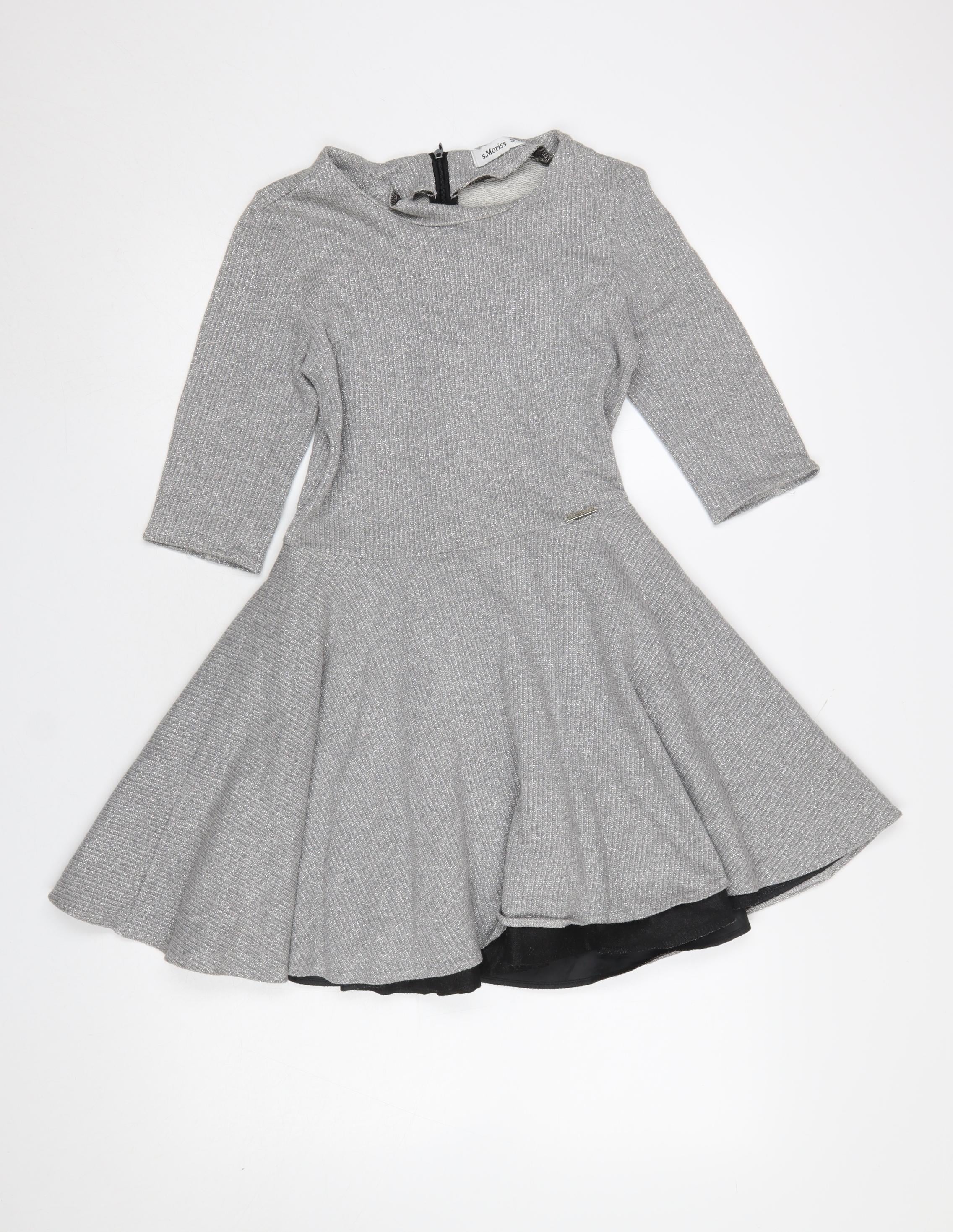 s.Moriss Women Grey Fit & Flare Knit Dress Size S 3/4 Sleeve Zip Back