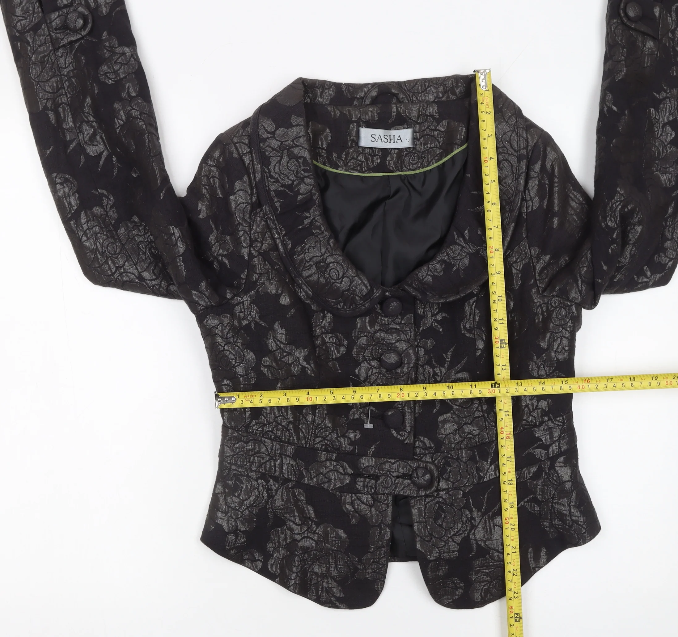 Sasha Womens Black Floral Jacquard Blazer Size 10 Formal Fitted Jacket - Image 2