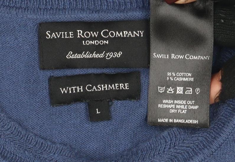 Savile Row Company Men’s Blue Cotton Cashmere Crew Neck Jumper L - Image 4