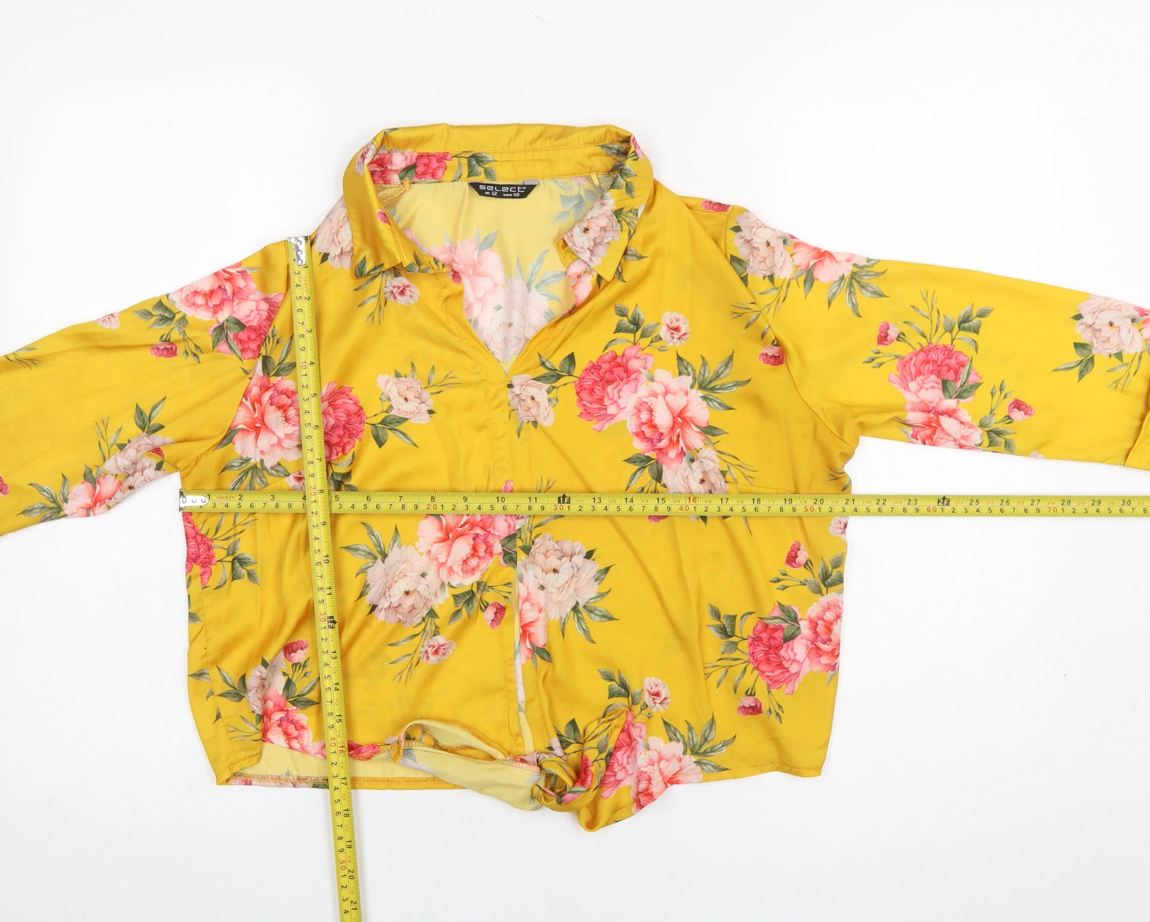Select Womens Yellow Floral Collared Cropped Blouse UK 12 - Image 2