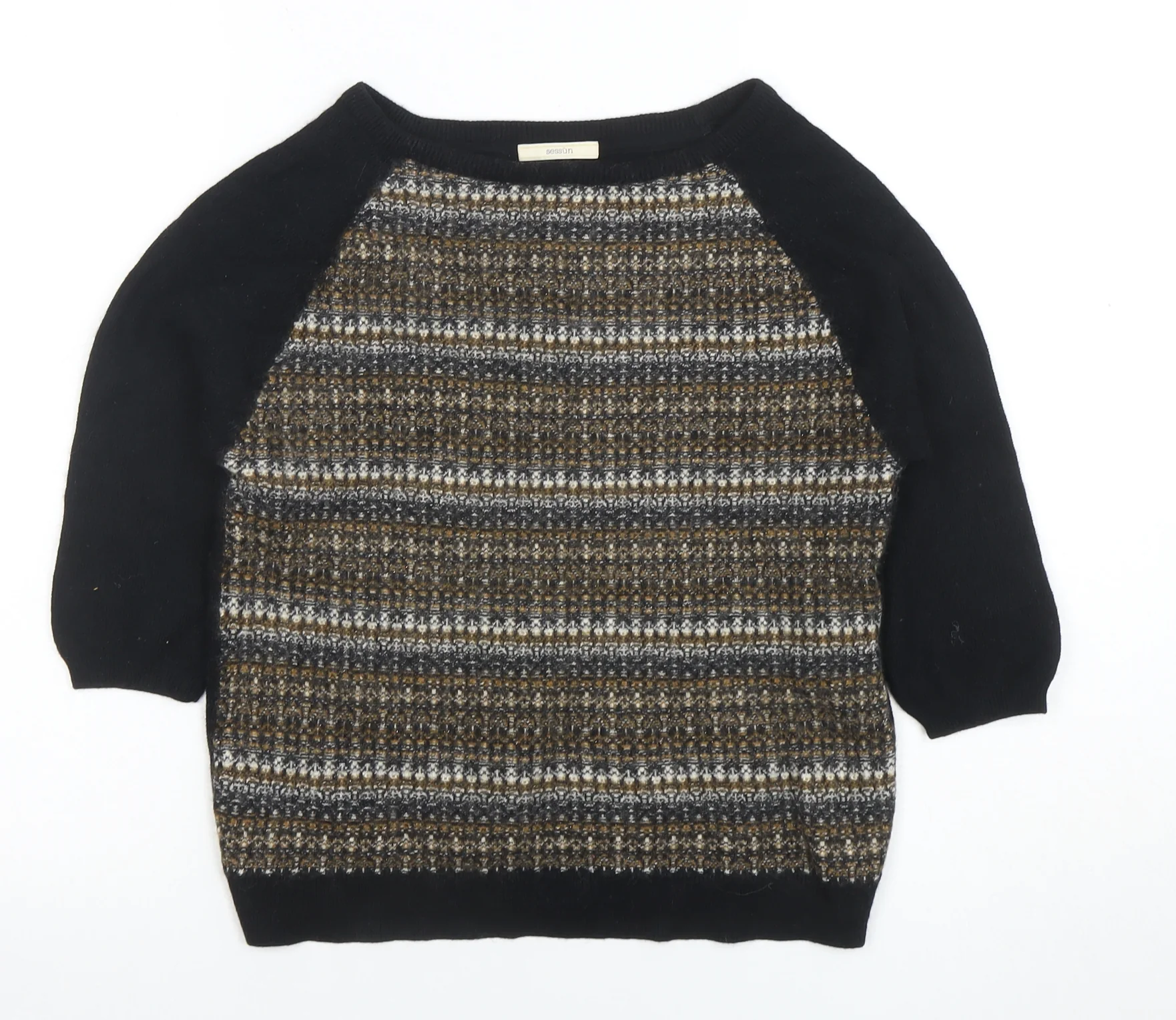 Sessùn Women's Black Striped Wool Blend 3/4 Sleeve Pullover Jumper M