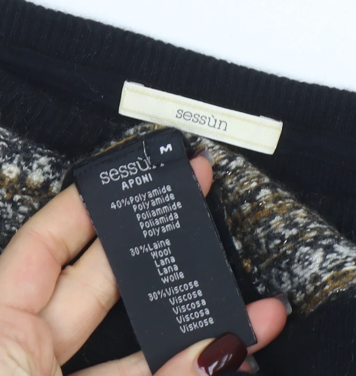 Sessùn Women's Black Striped Wool Blend 3/4 Sleeve Pullover Jumper M - Image 4
