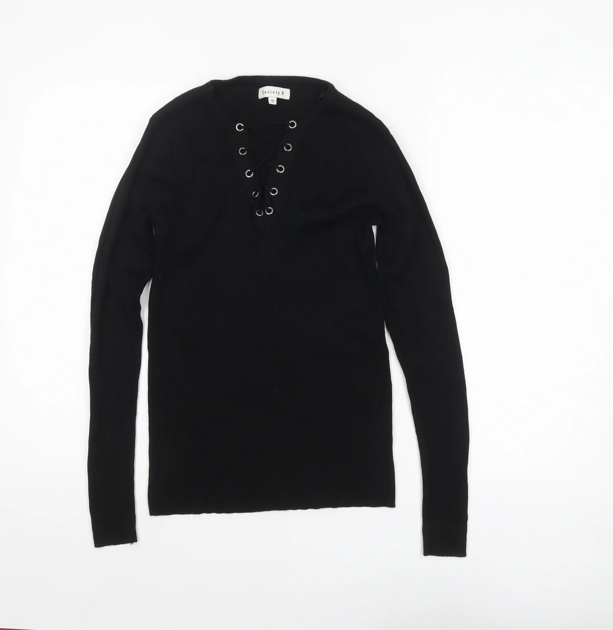 Society 8 Womens Black V-Neck Lace Up Knit Jumper Size 12