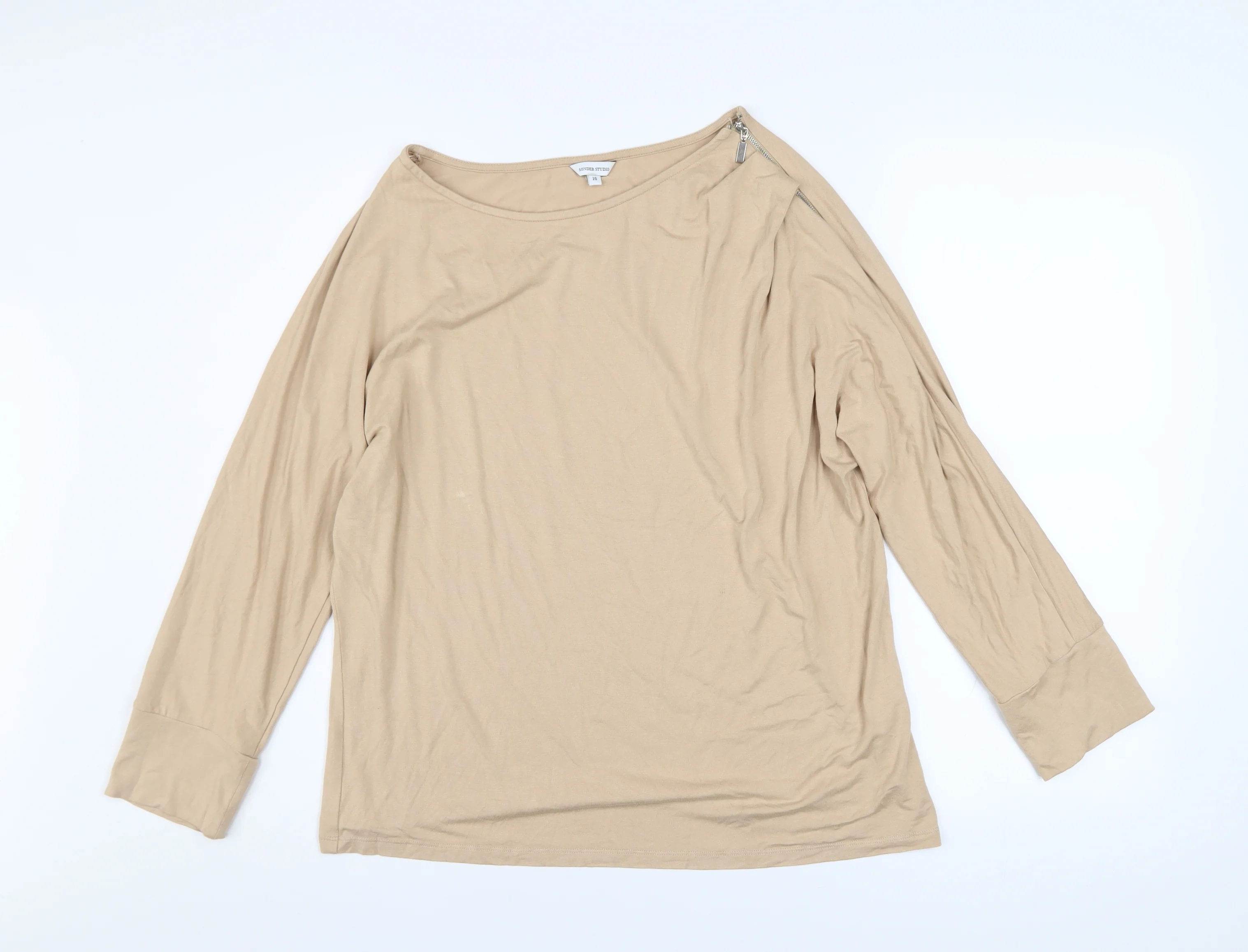 Sonder Studio Women's Beige Long Sleeve Boat Neck Jersey Blouse Size 16