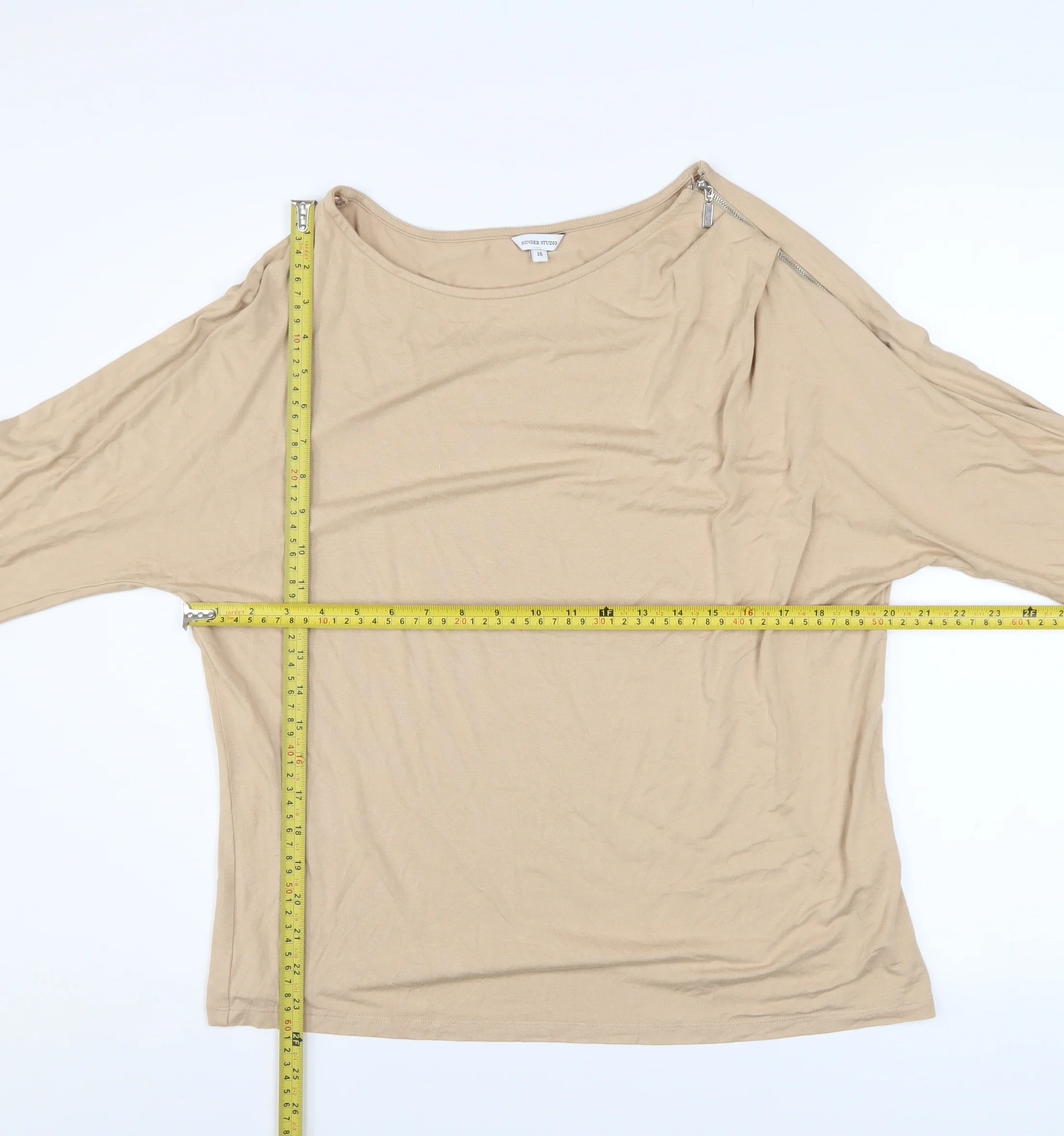 Sonder Studio Women's Beige Long Sleeve Boat Neck Jersey Blouse Size 16 - Image 2