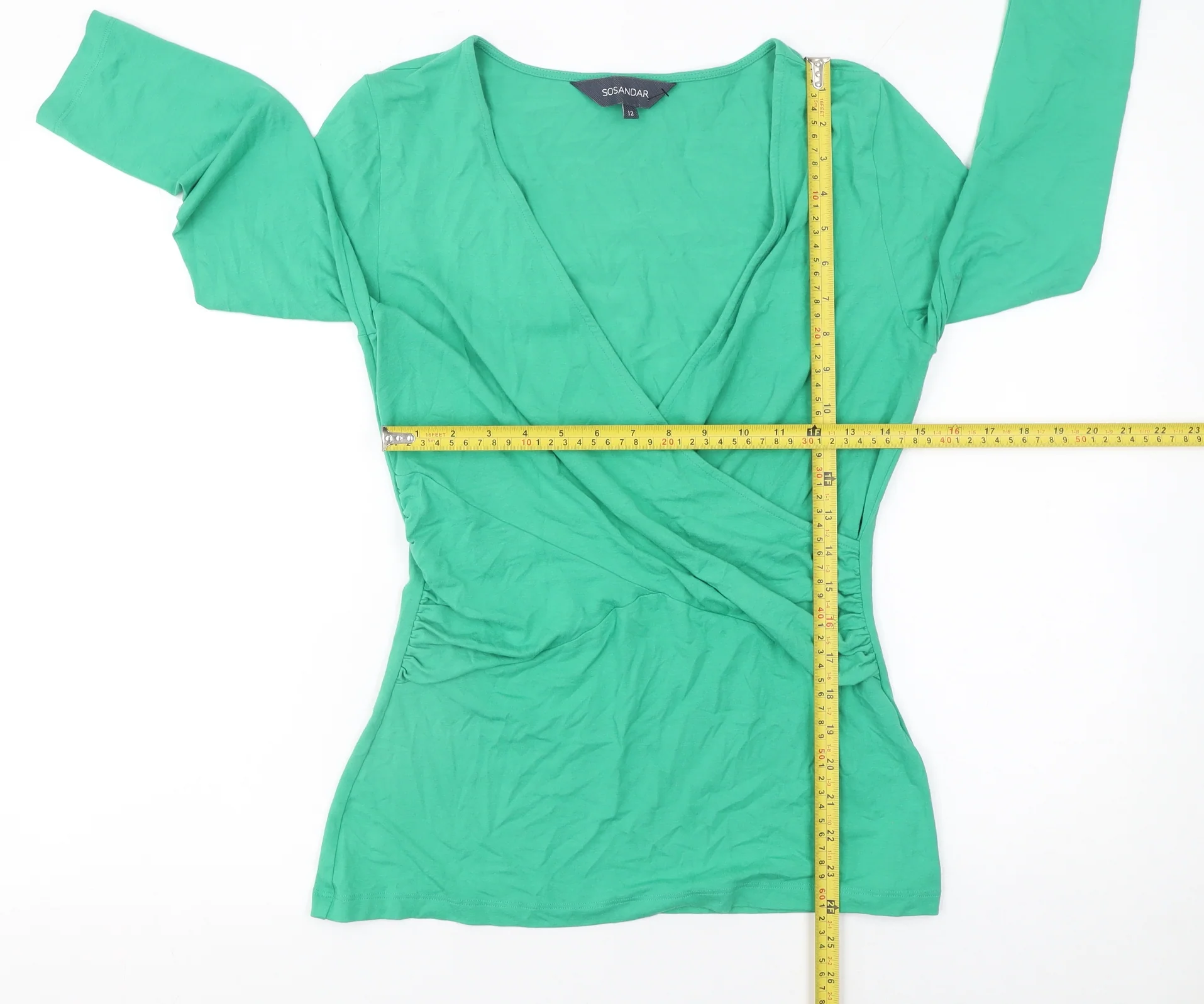 Sosandar Women’s Green Wrap Jersey 3/4 Sleeve Blouse UK 12