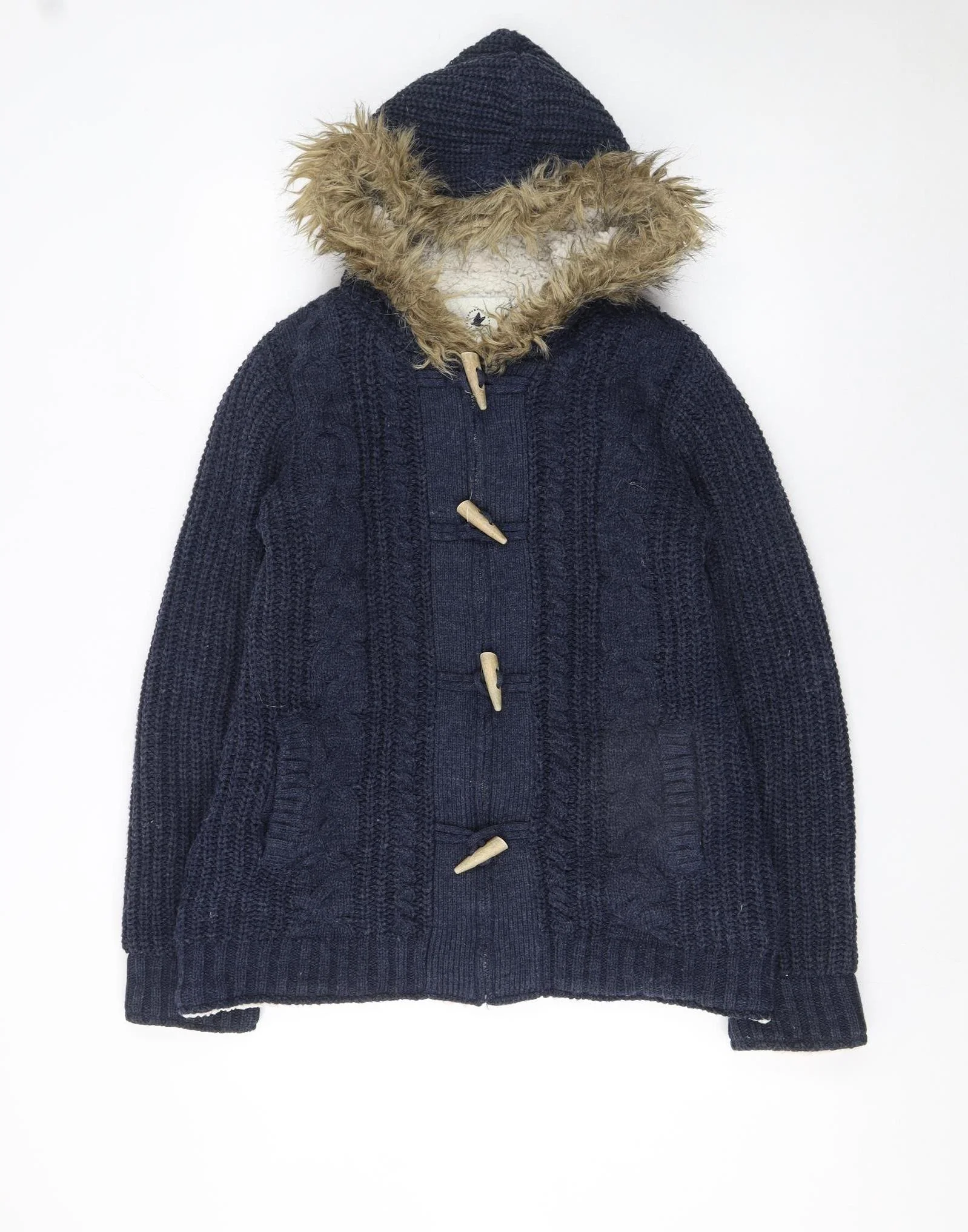 SoulCal & Co Women's Navy Fur Trim Hooded Cardigan Size 12