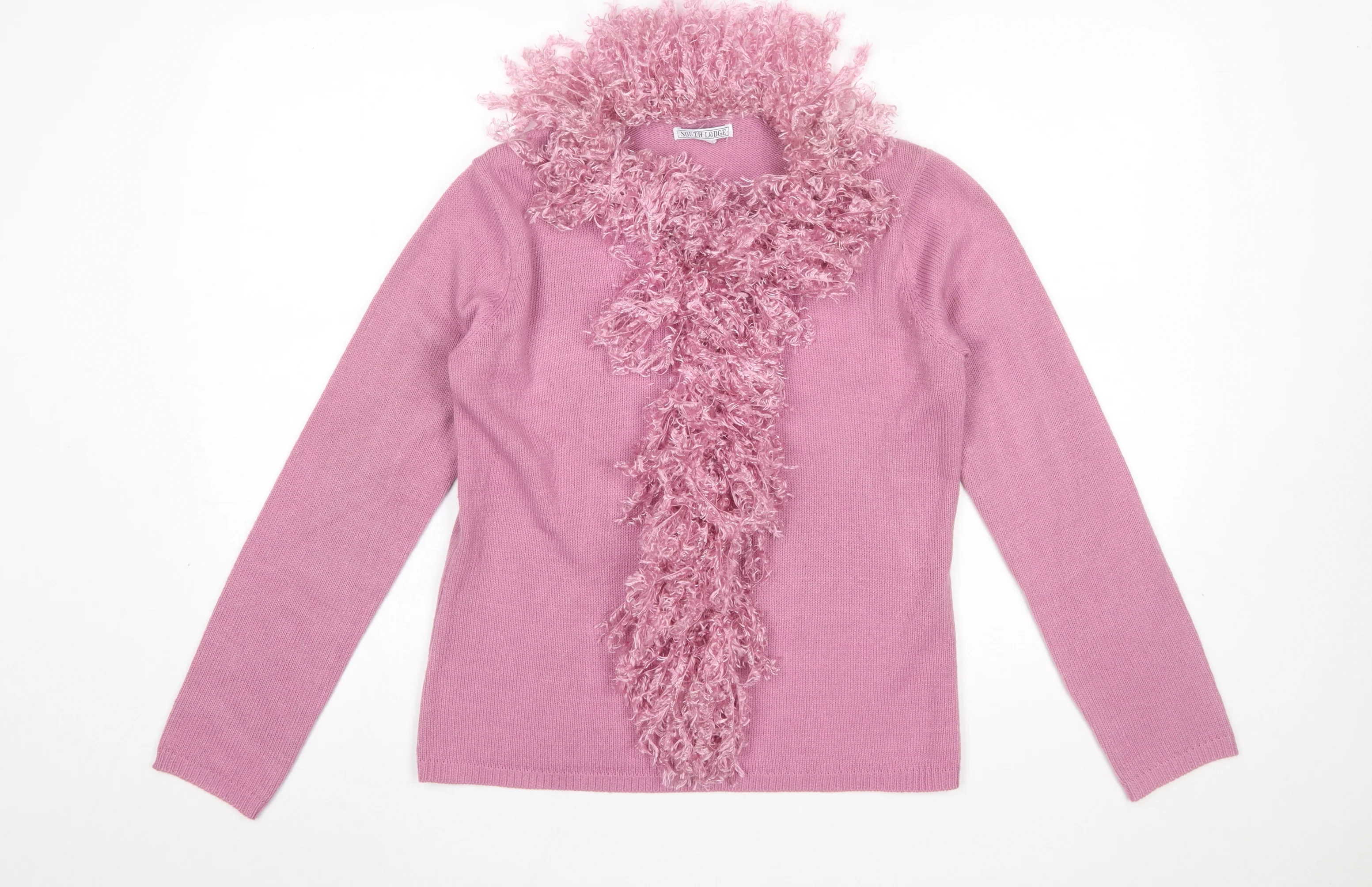 South Lodge Women's Pink Feather Trim Pullover Jumper S/M Acrylic Knit