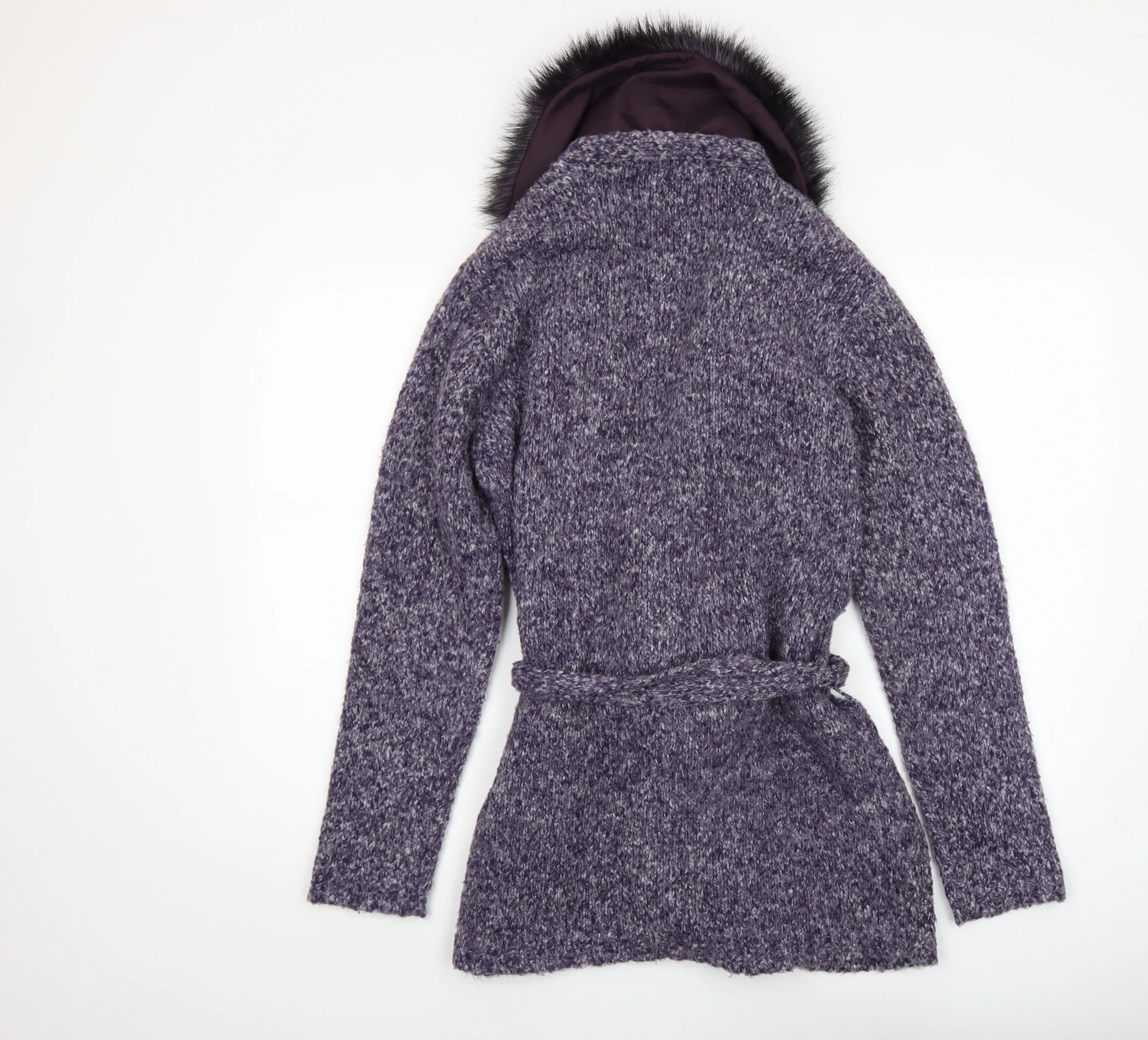 St. Bernard Women’s Purple Fur Trim Belted Knit Cardigan Size 14-16 - Image 3