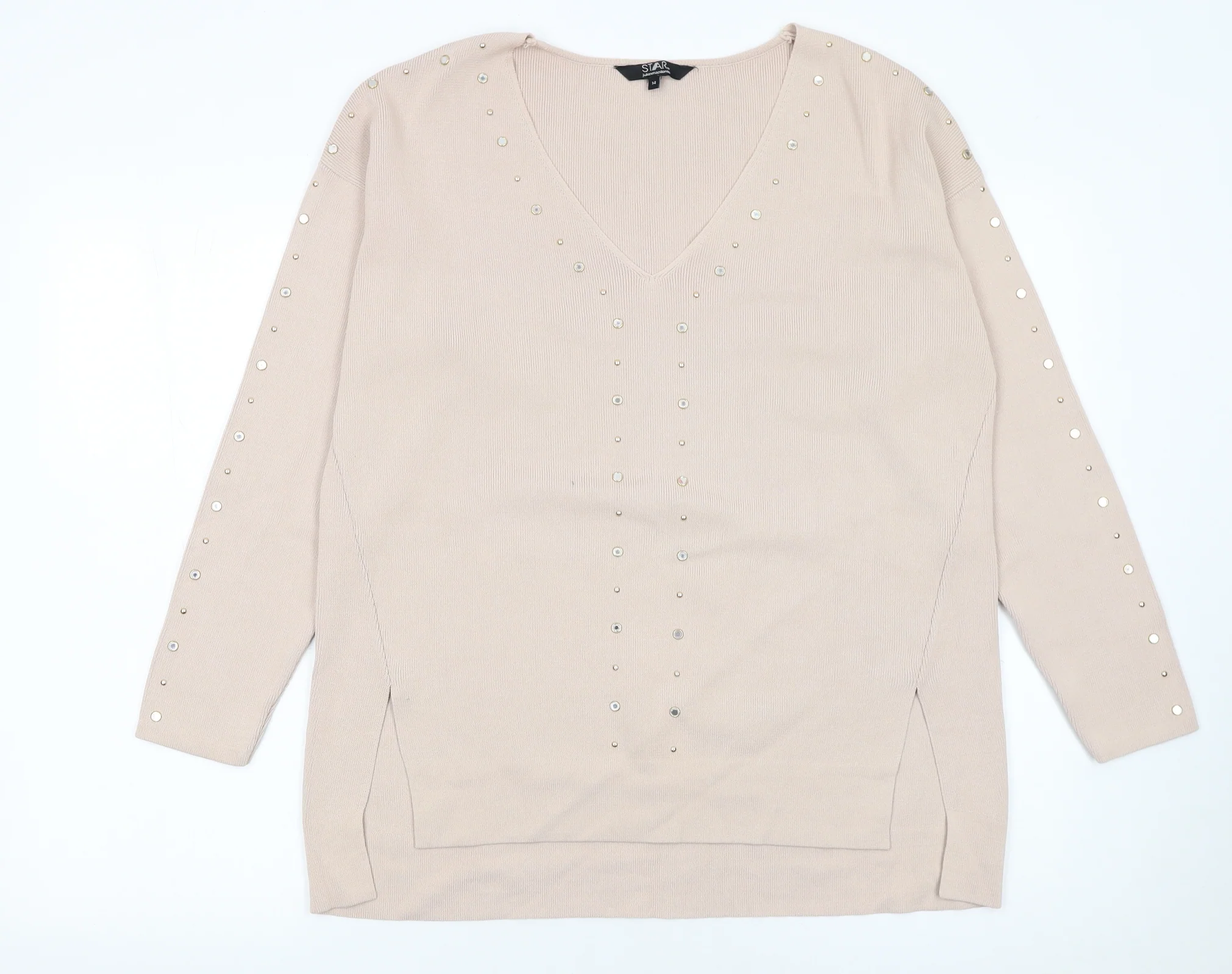 Star by Julien Macdonald Women's Beige Studded V-Neck Jumper Size 14