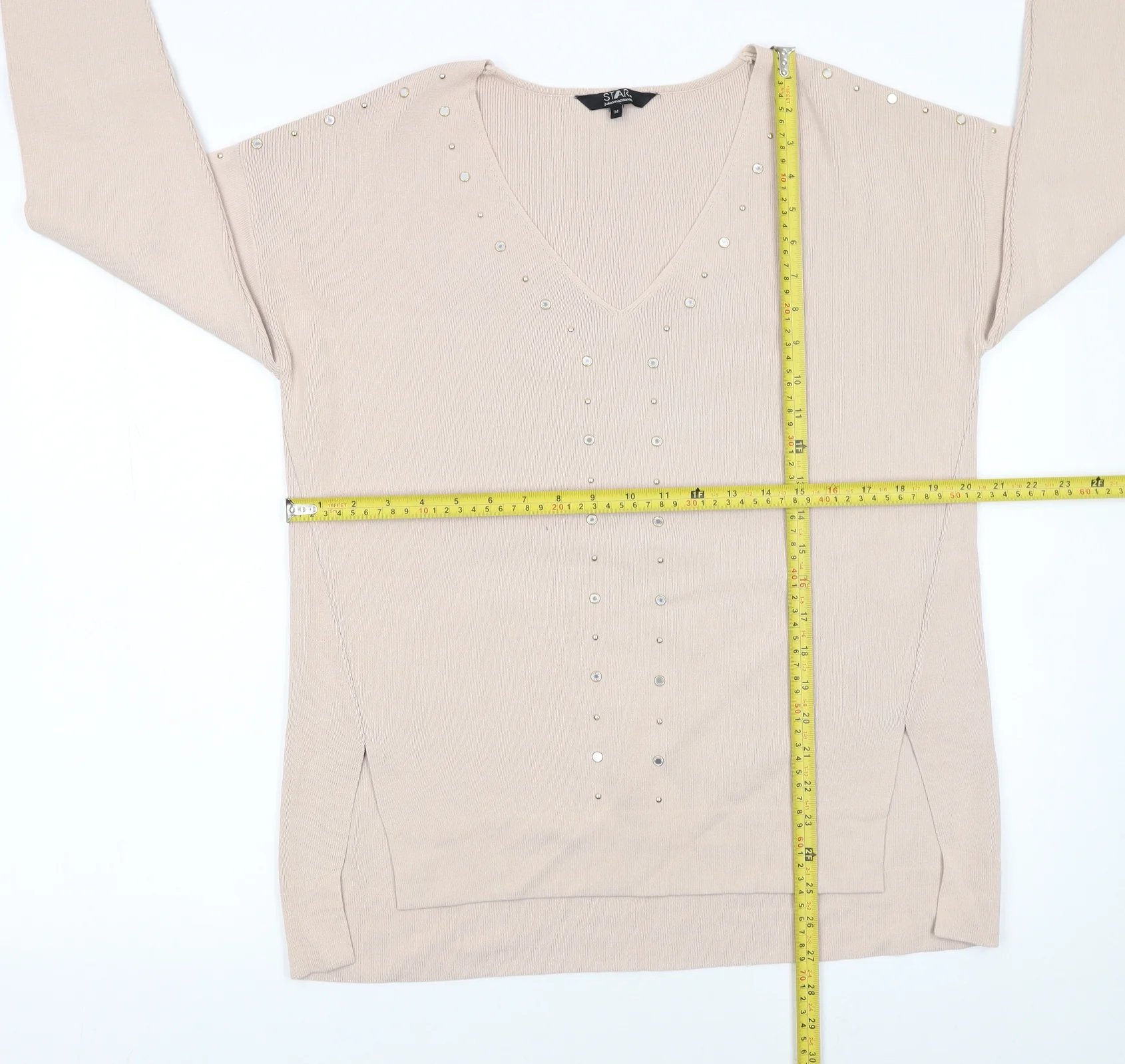 Star by Julien Macdonald Women's Beige Studded V-Neck Jumper Size 14 - Image 2