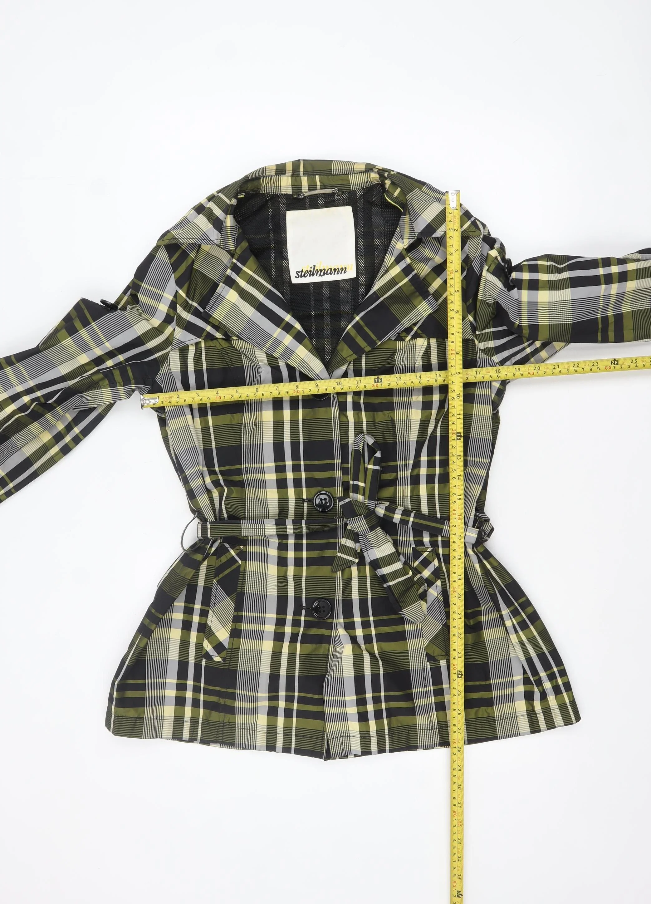 Steilmann Women Green Check Belted Mid-Length Trench Coat Jacket Size 14 - Image 2