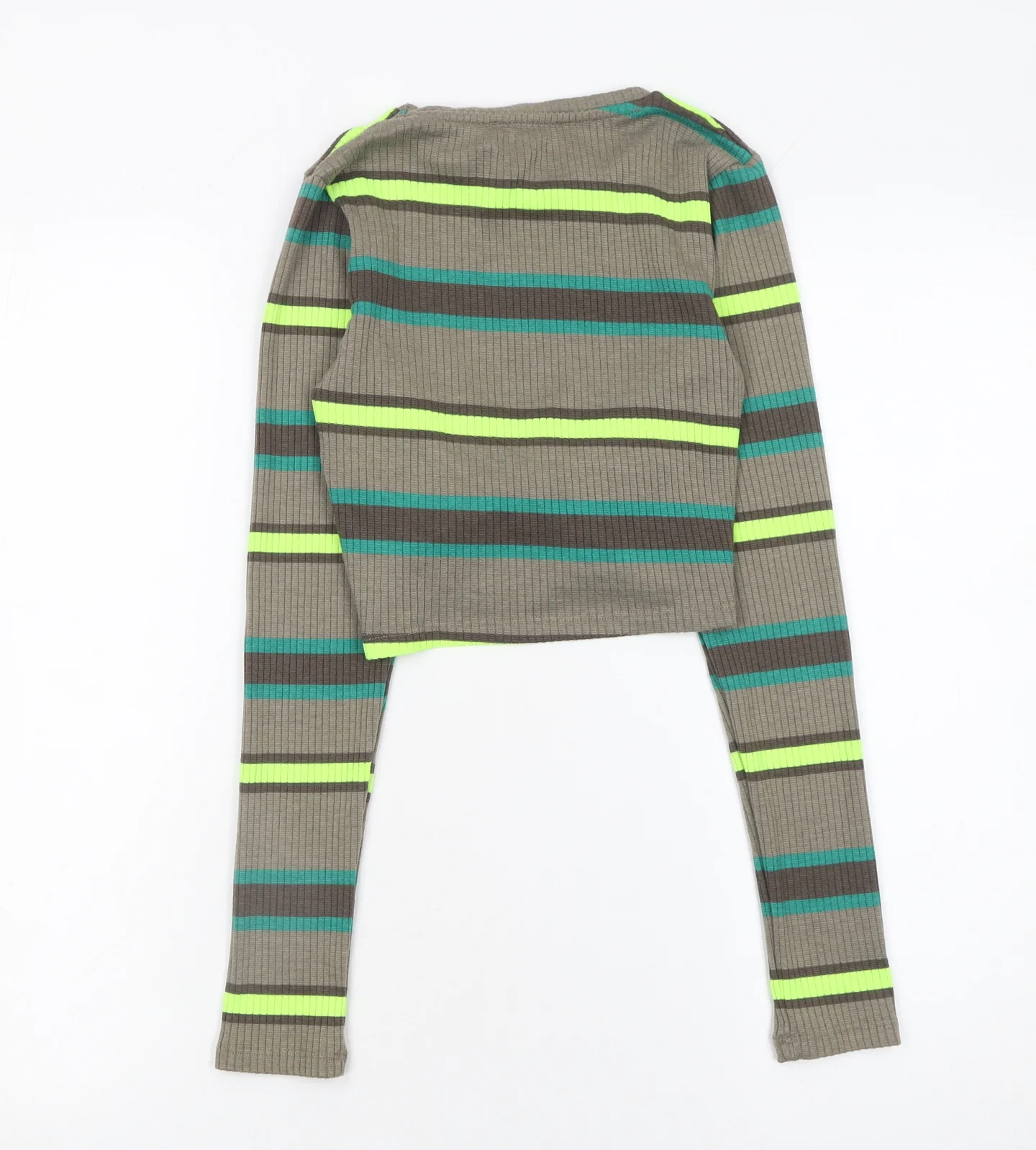 STR Womens Striped Green Cropped Long Sleeve Knit Tie Front Top Size S - Image 3