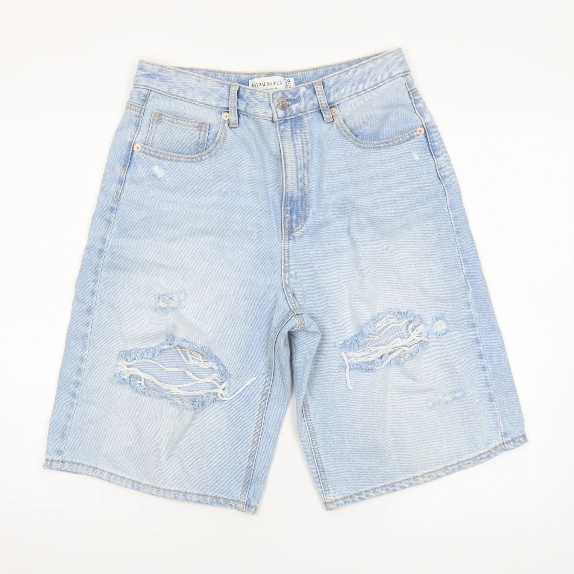 Stradivarius Women's Blue Distressed Denim Bermuda Shorts UK 10