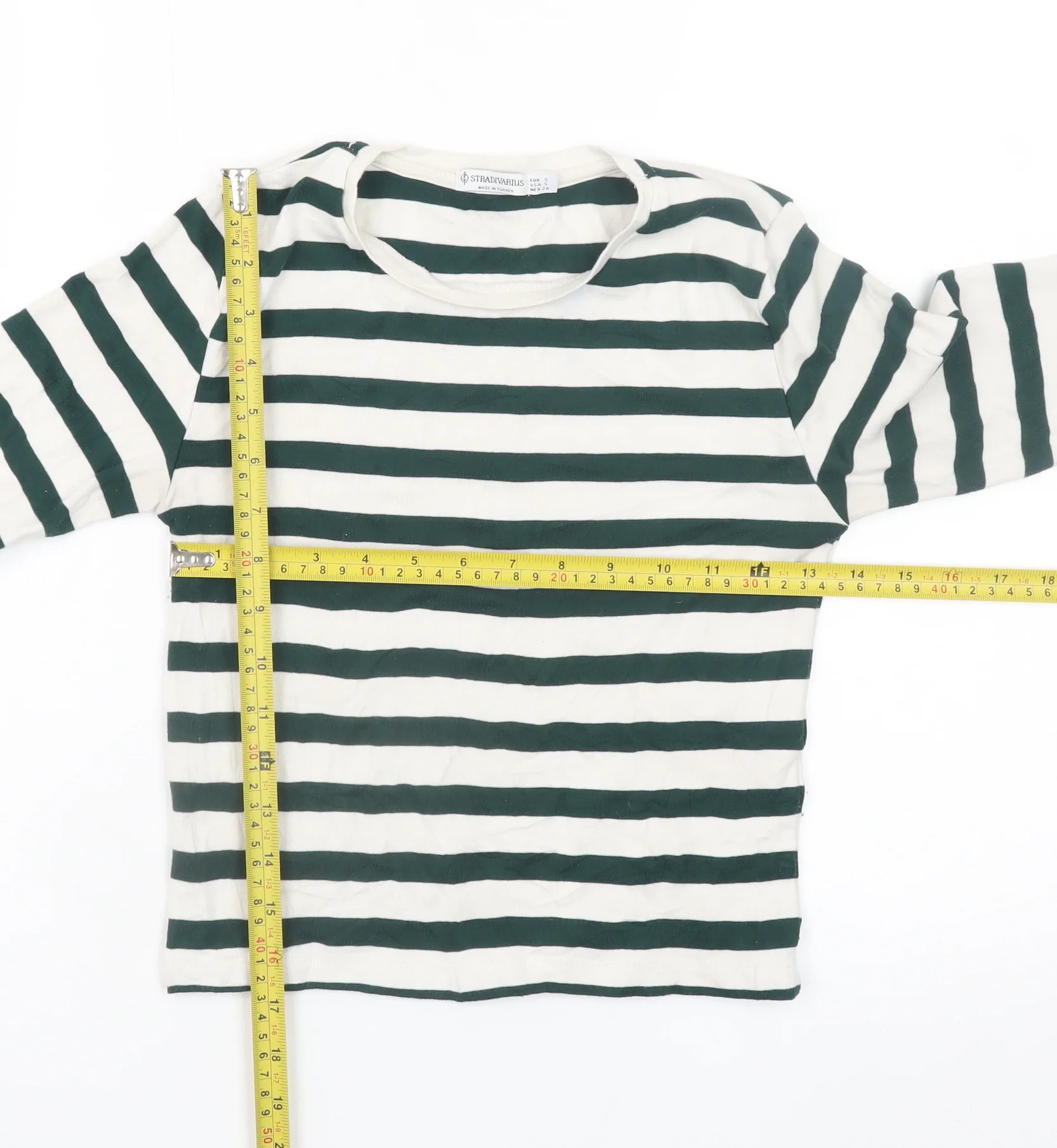 Stradivarius Women's Green White Striped Cropped Long Sleeve T-Shirt Size S - Image 2