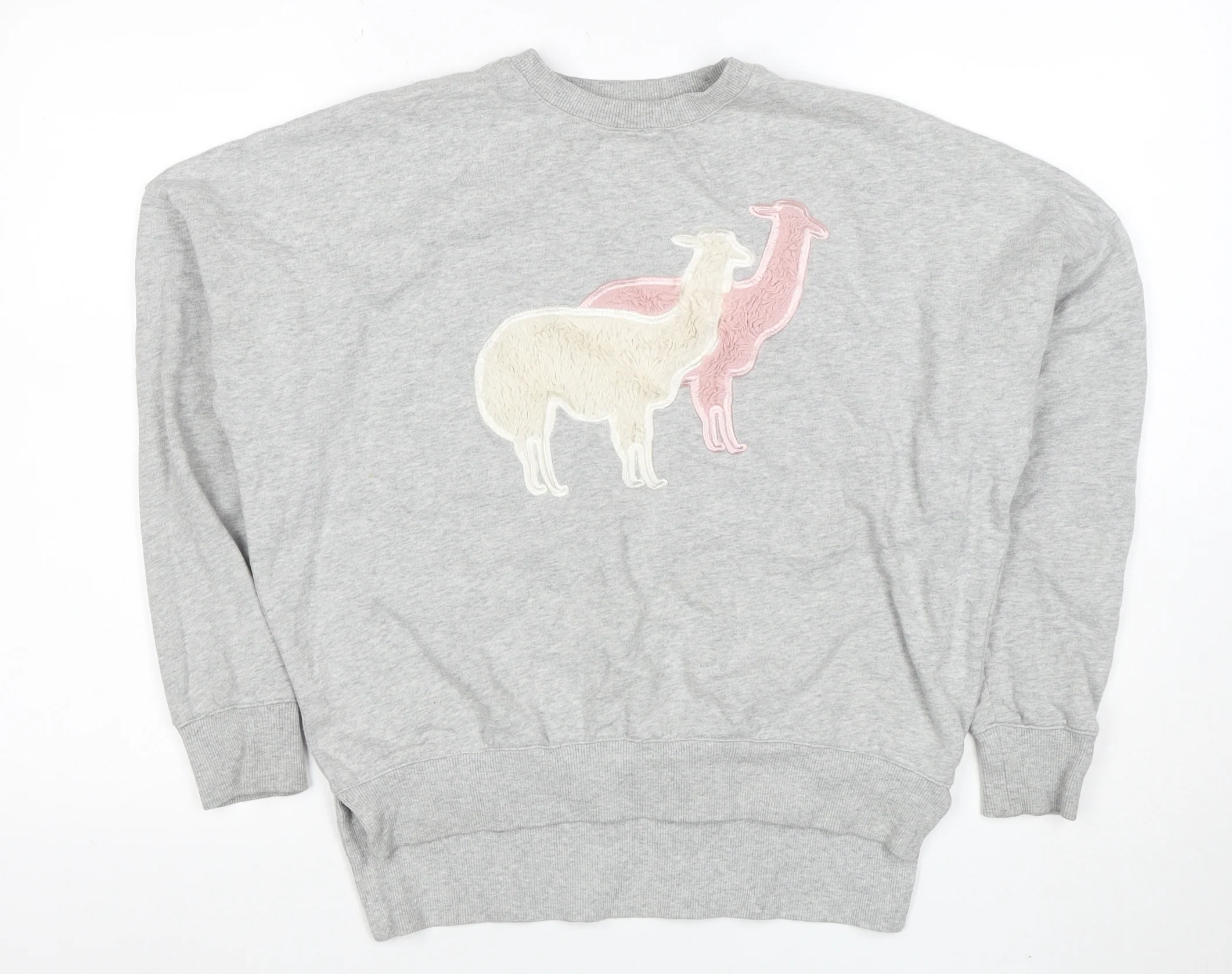 Sugar & Daisy Womens Grey Llama Embroidered Pullover Sweatshirt M