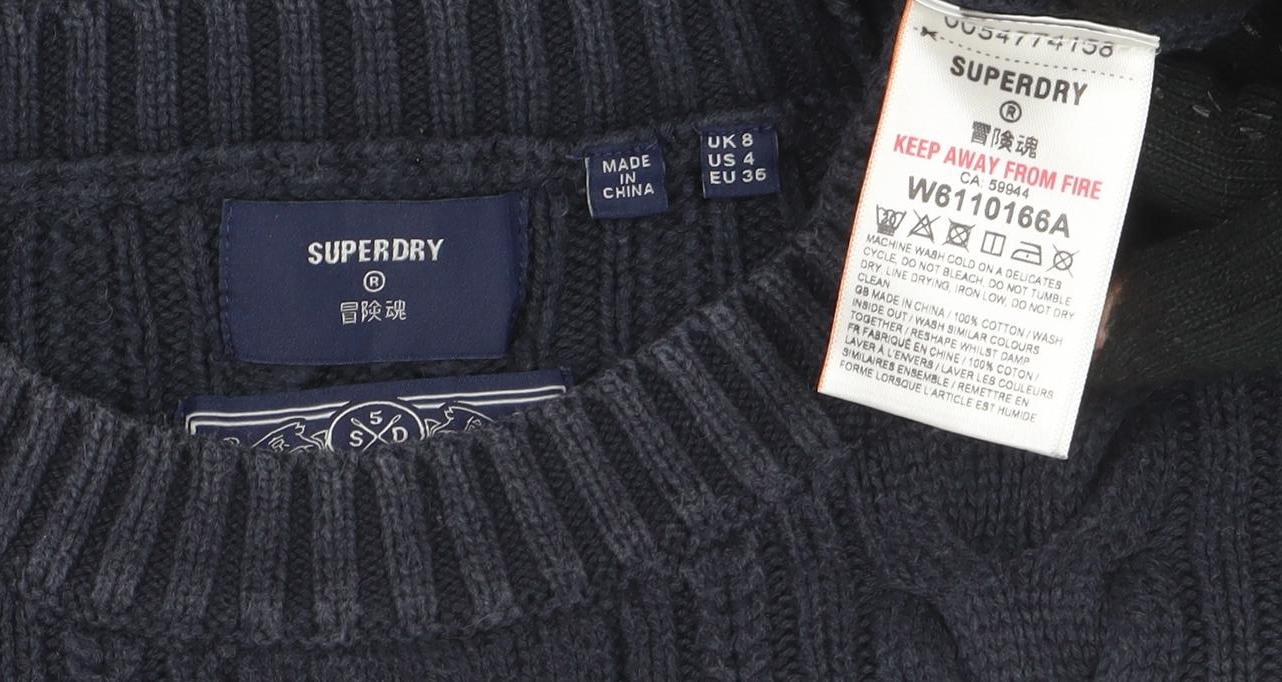 Superdry Womens Blue Cable Knit Crew Neck Cotton Jumper Size 8 - Image 4