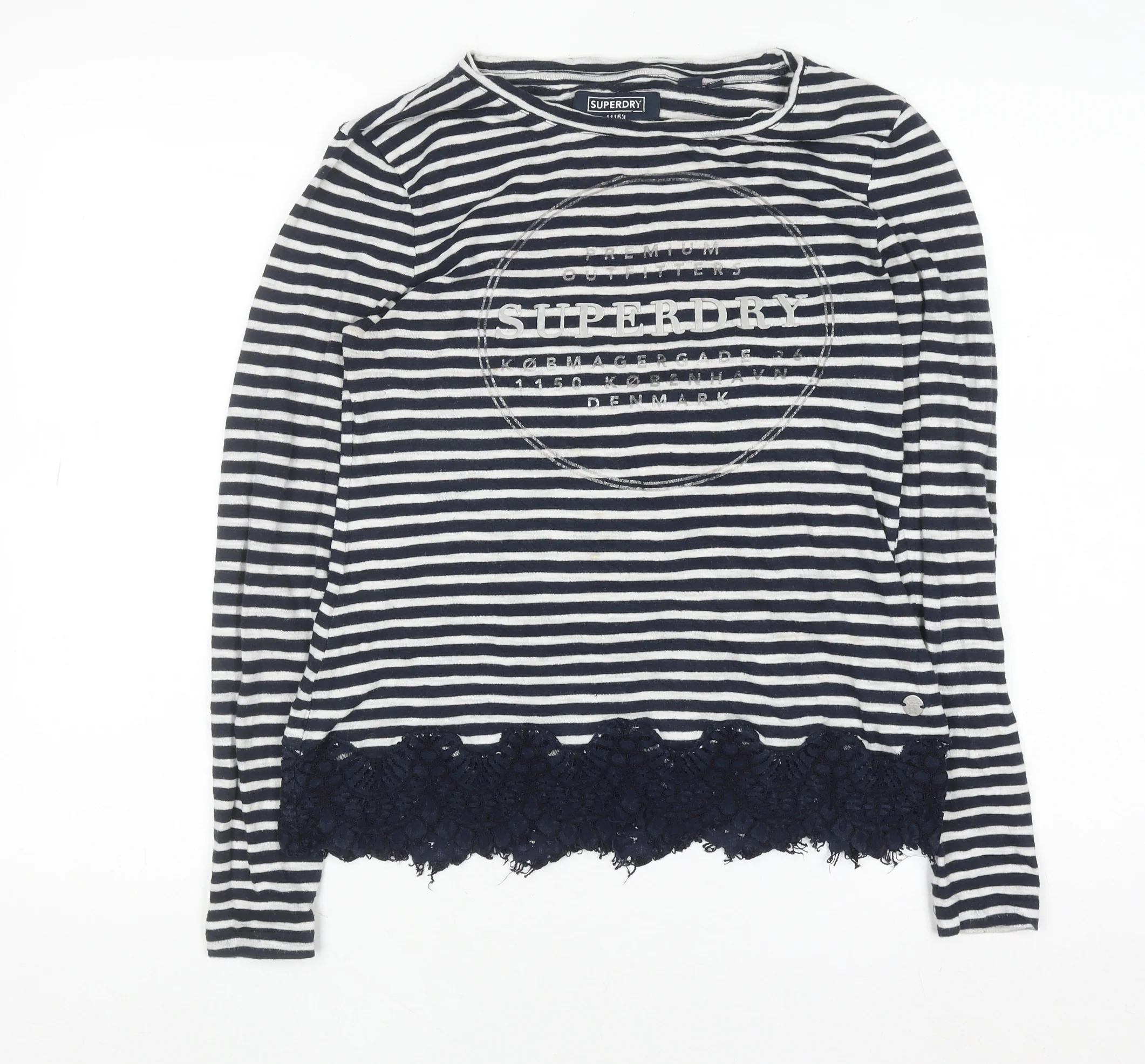 Superdry Women's Blue Striped Lace Hem Long Sleeve T-Shirt Size 10