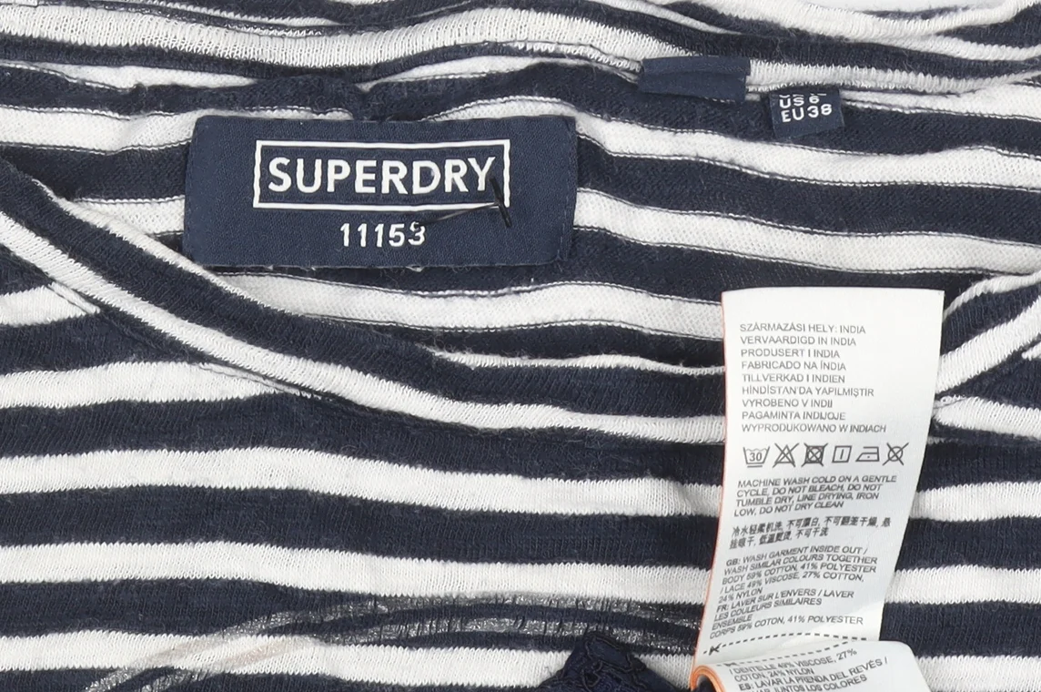 Superdry Women's Blue Striped Lace Hem Long Sleeve T-Shirt Size 10 - Image 4