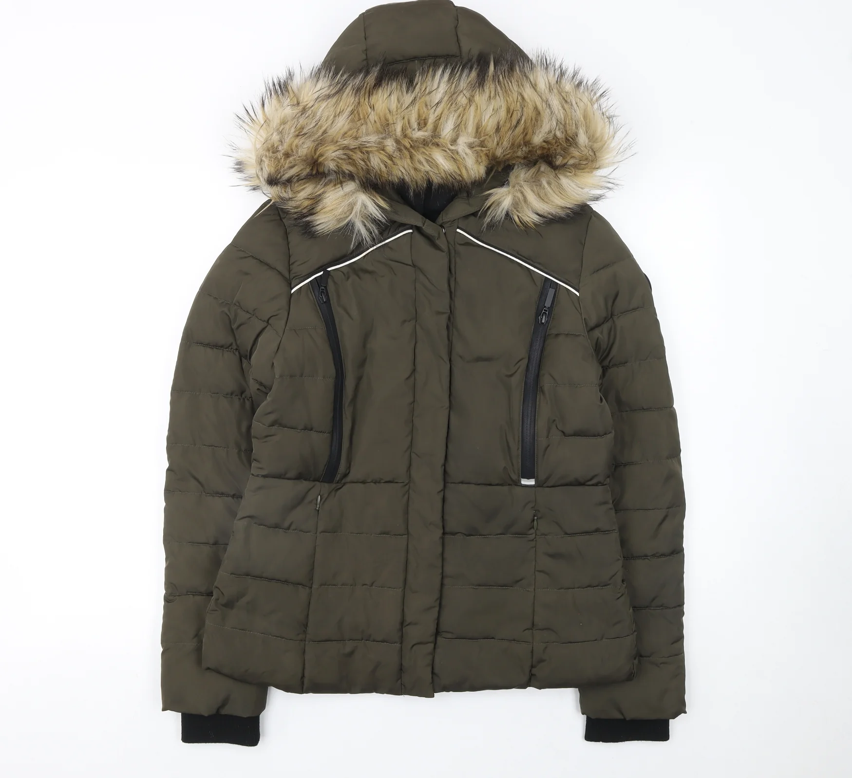 Superdry Women's Green Fur Trim Hooded Puffer Jacket Size S
