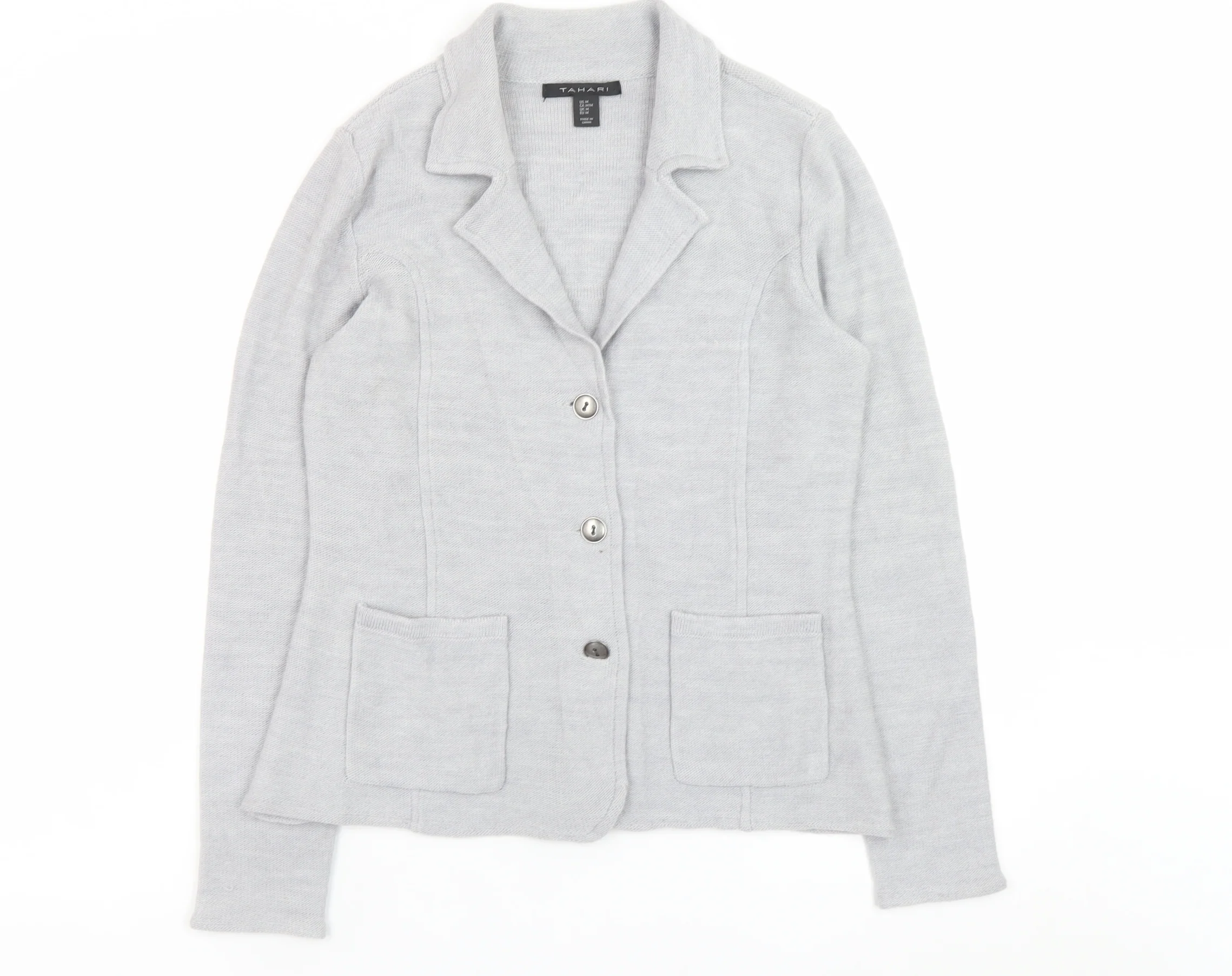 Tahari Women's Grey Medium Cardigan Jacket Merino Wool Blend Knit