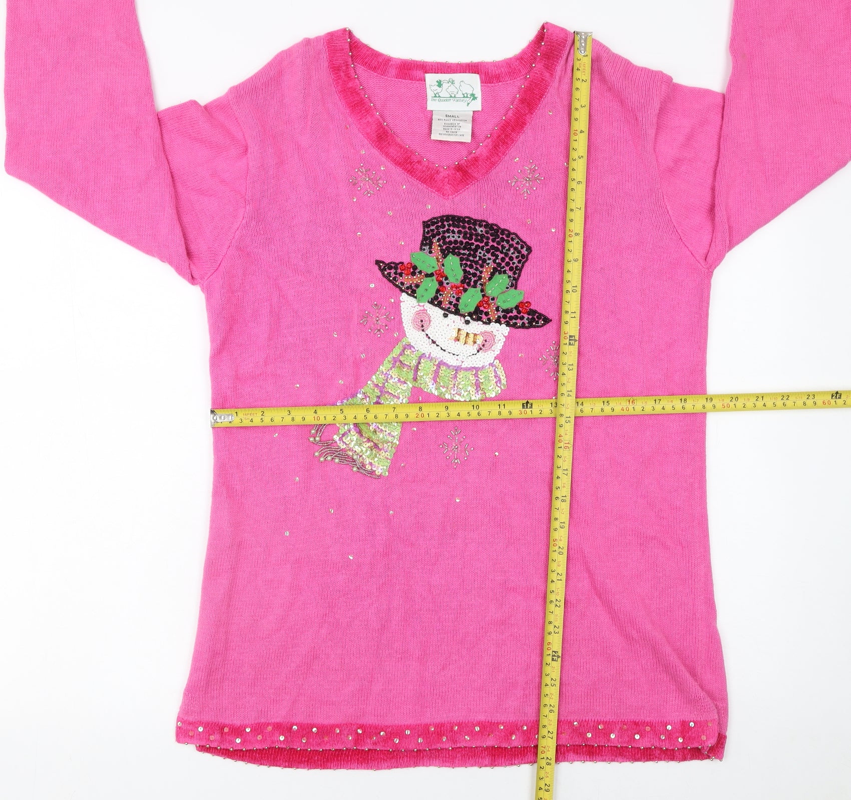 The Quacker Factory Womens Pink Sequin Snowman V-Neck Jumper Small - Image 2