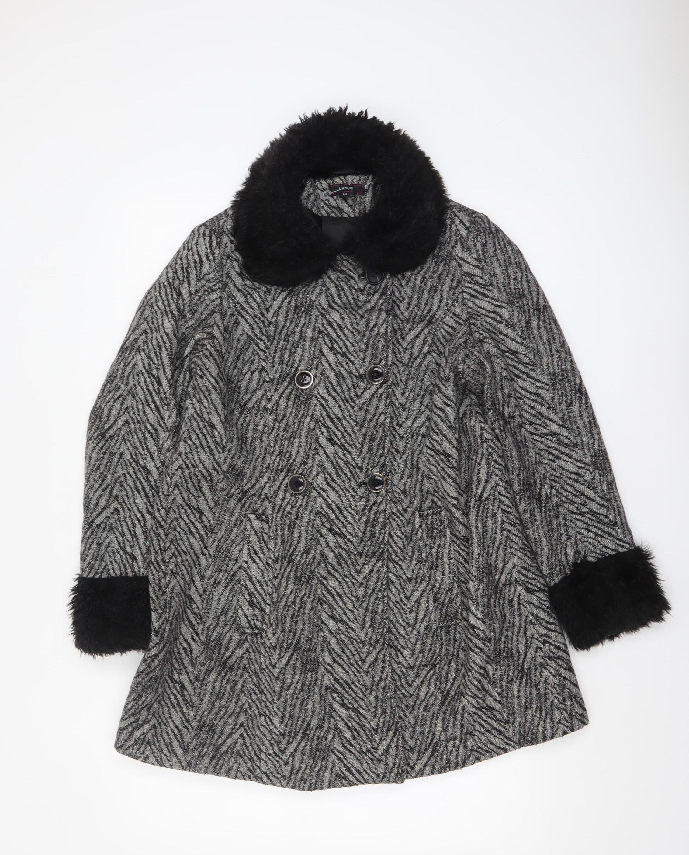 Therapy Women’s Grey Faux Fur Trim Herringbone Pea Coat Size 10