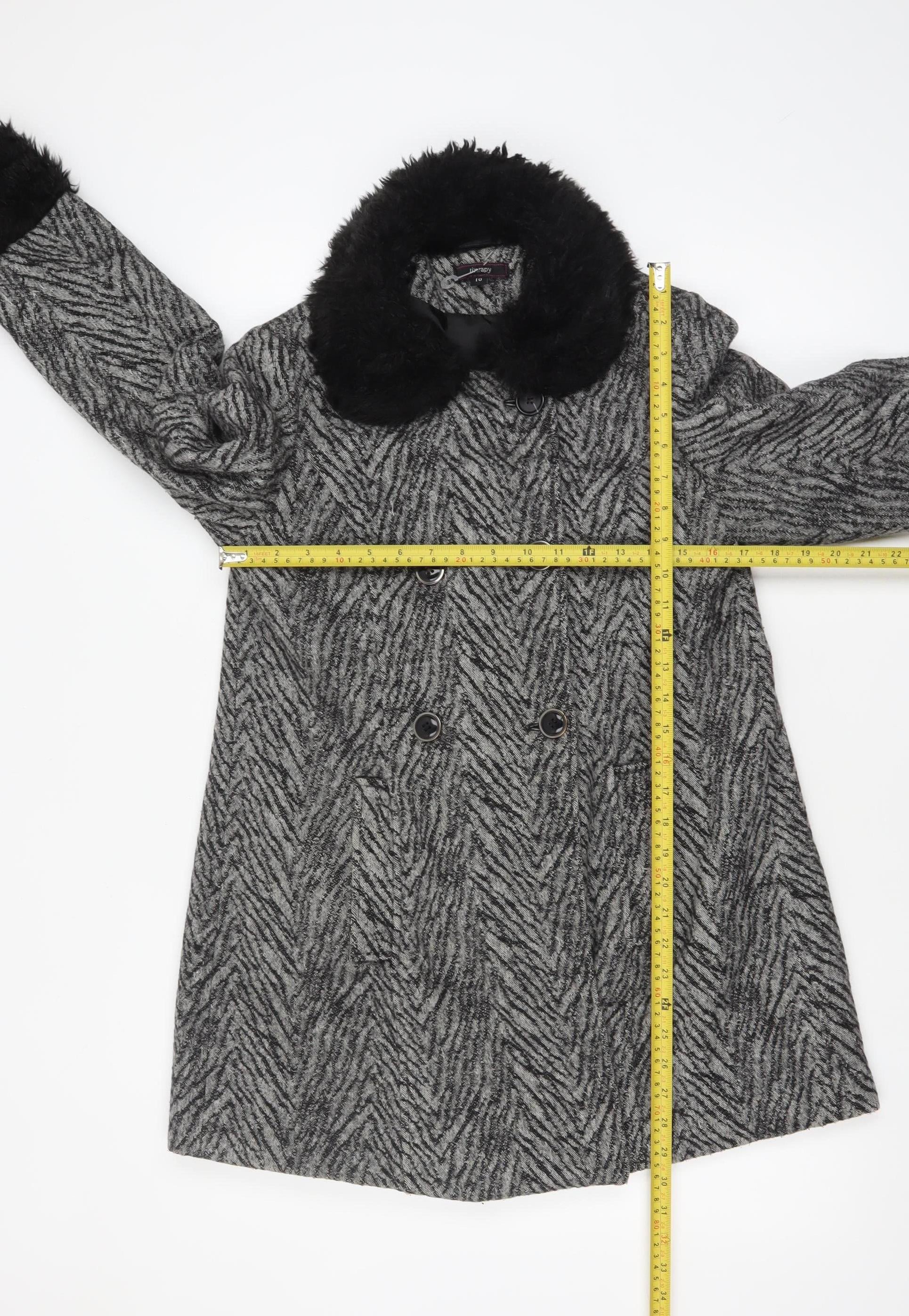 Therapy Women’s Grey Faux Fur Trim Herringbone Pea Coat Size 10 - Image 2