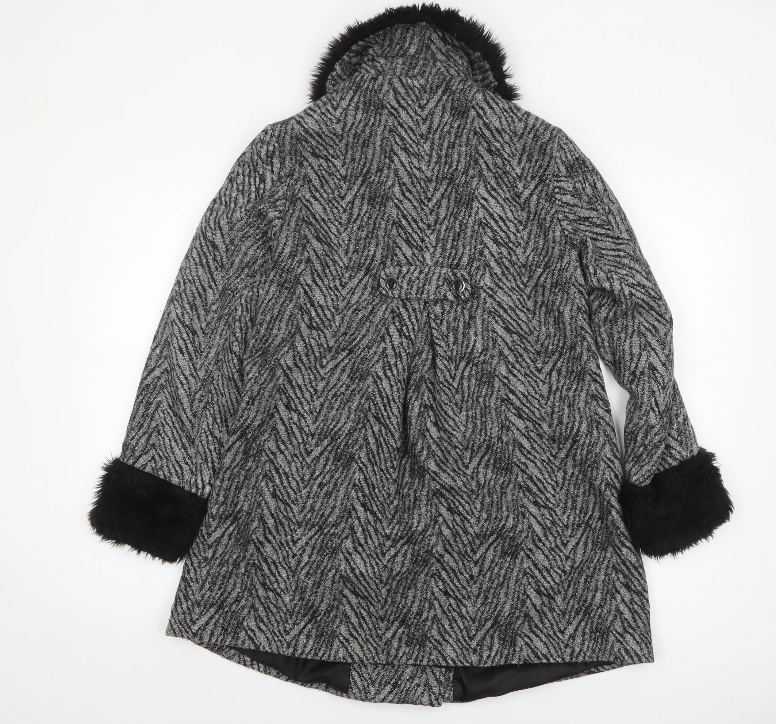 Therapy Women’s Grey Faux Fur Trim Herringbone Pea Coat Size 10 - Image 3