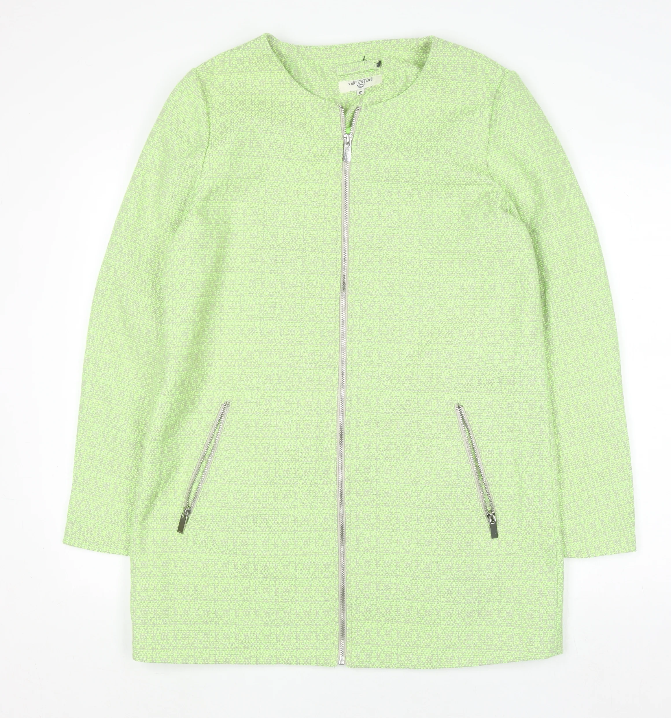 Threadbare Women Green Mid-Length Zip Tweed Coat Size 12