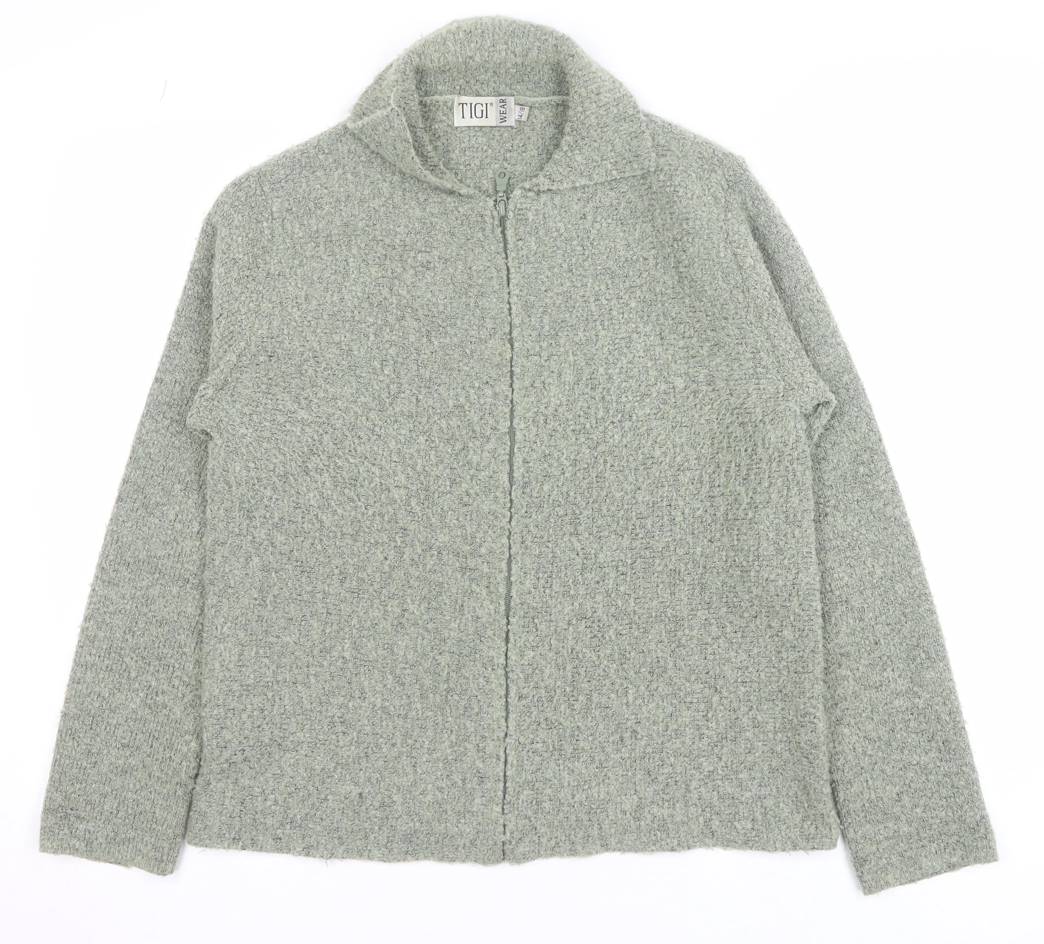 TIGI Wear Women's Grey Full Zip Knit Jumper Size 14 Collared Long Sleeve