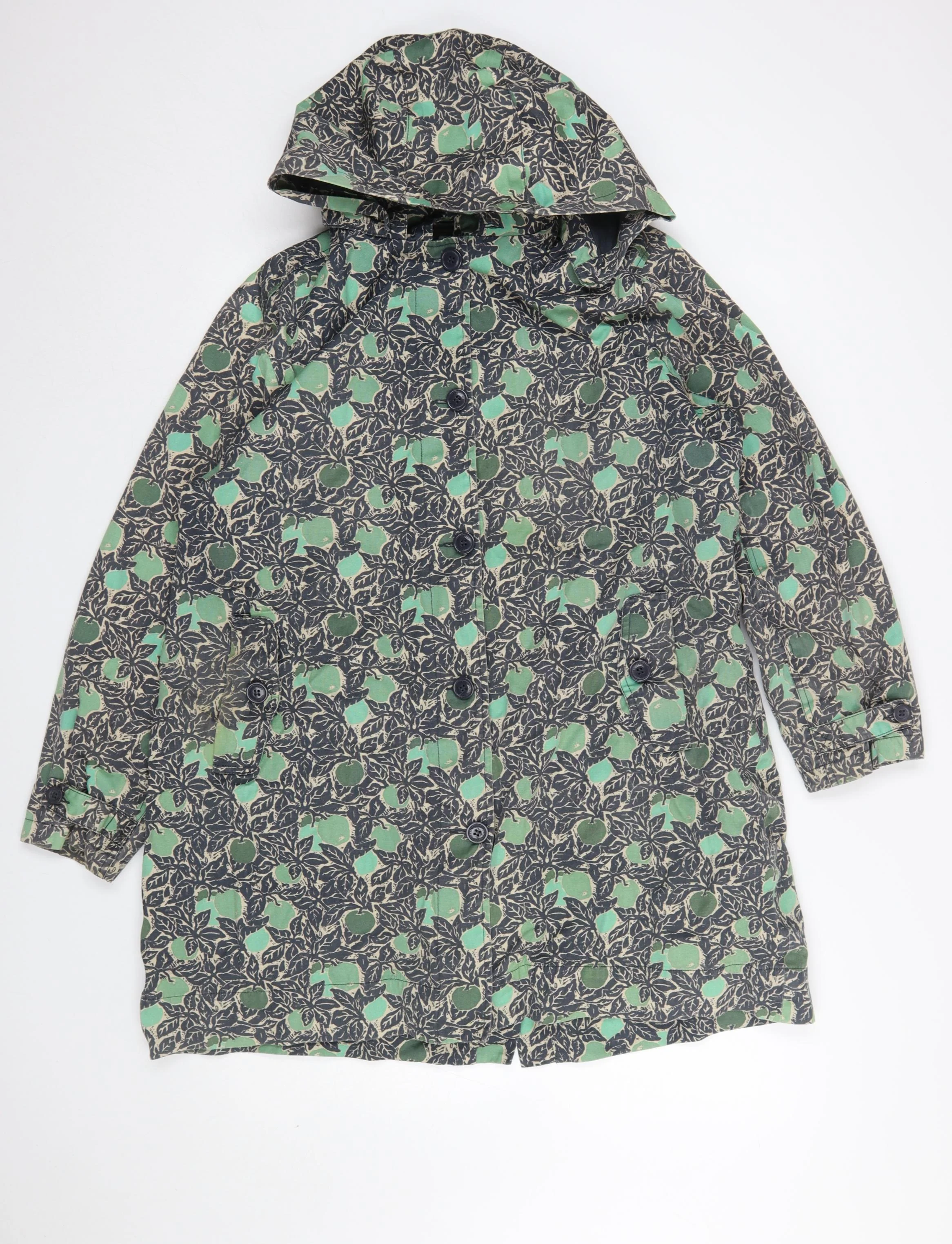 Tin Cloth Womens Green Floral Organic Cotton Hooded Rain Coat Size 18