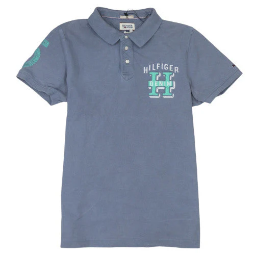 Tommy Hilfiger Men Blue Logo Polo Shirt Size L Casual Cotton
