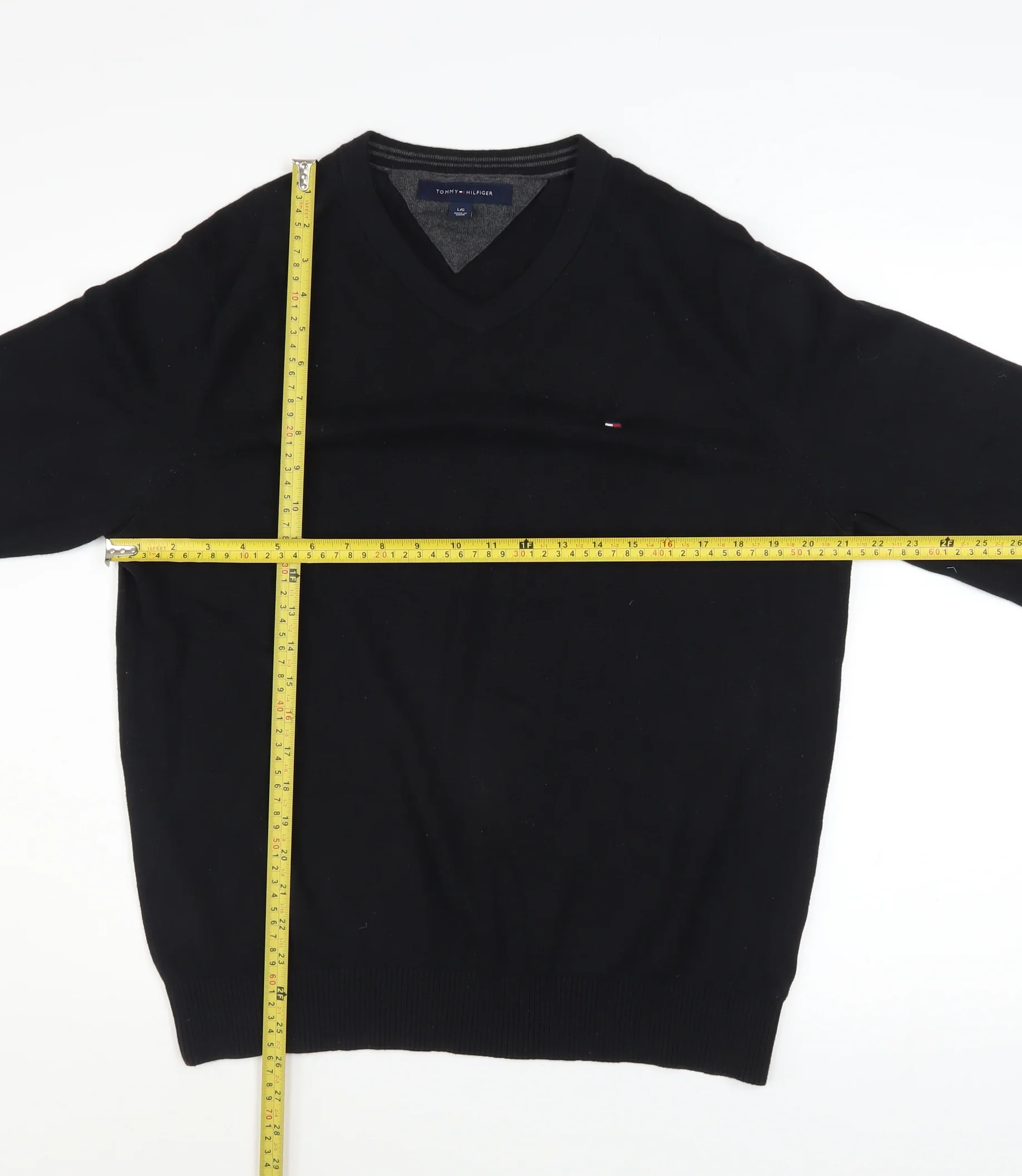 Tommy Hilfiger Men's Black Cotton V-Neck Jumper Size L - Image 2
