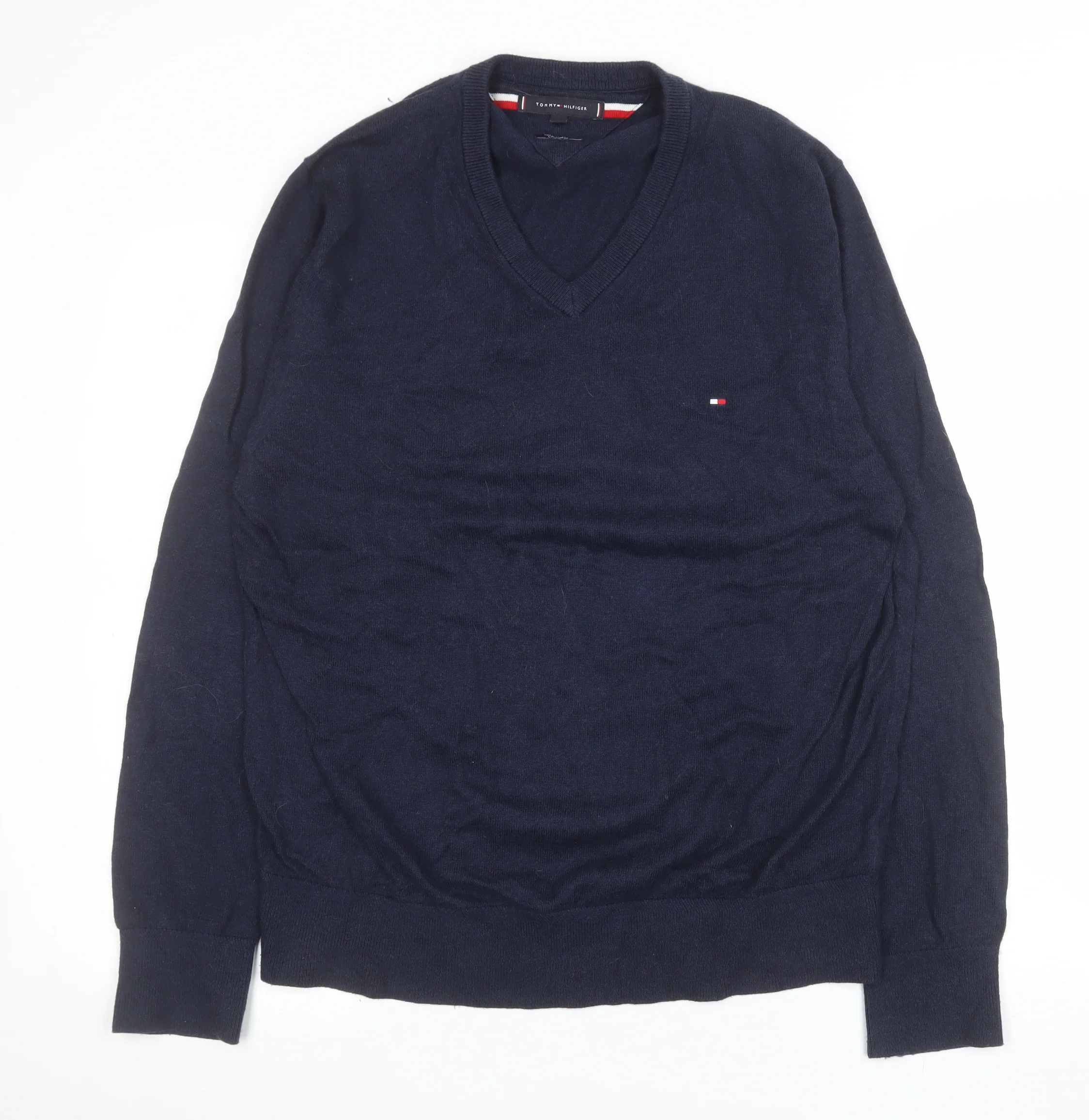 Tommy Hilfiger Men's Blue Cotton Cashmere V-Neck Jumper L
