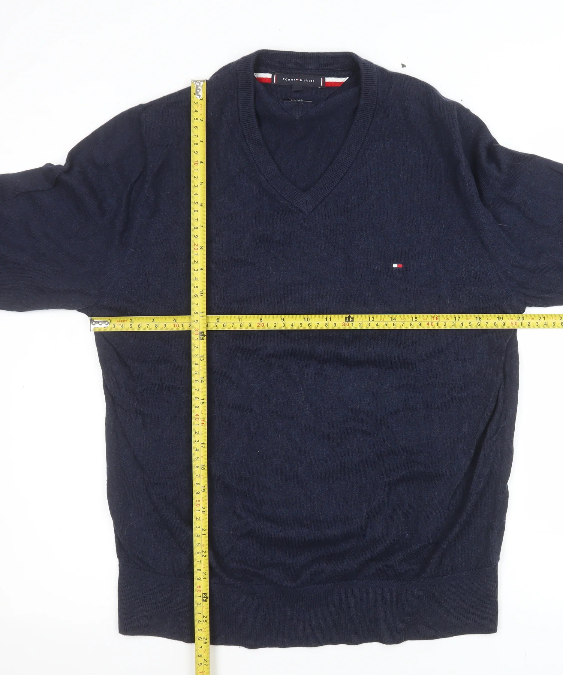 Tommy Hilfiger Men's Blue Cotton Cashmere V-Neck Jumper L - Image 2