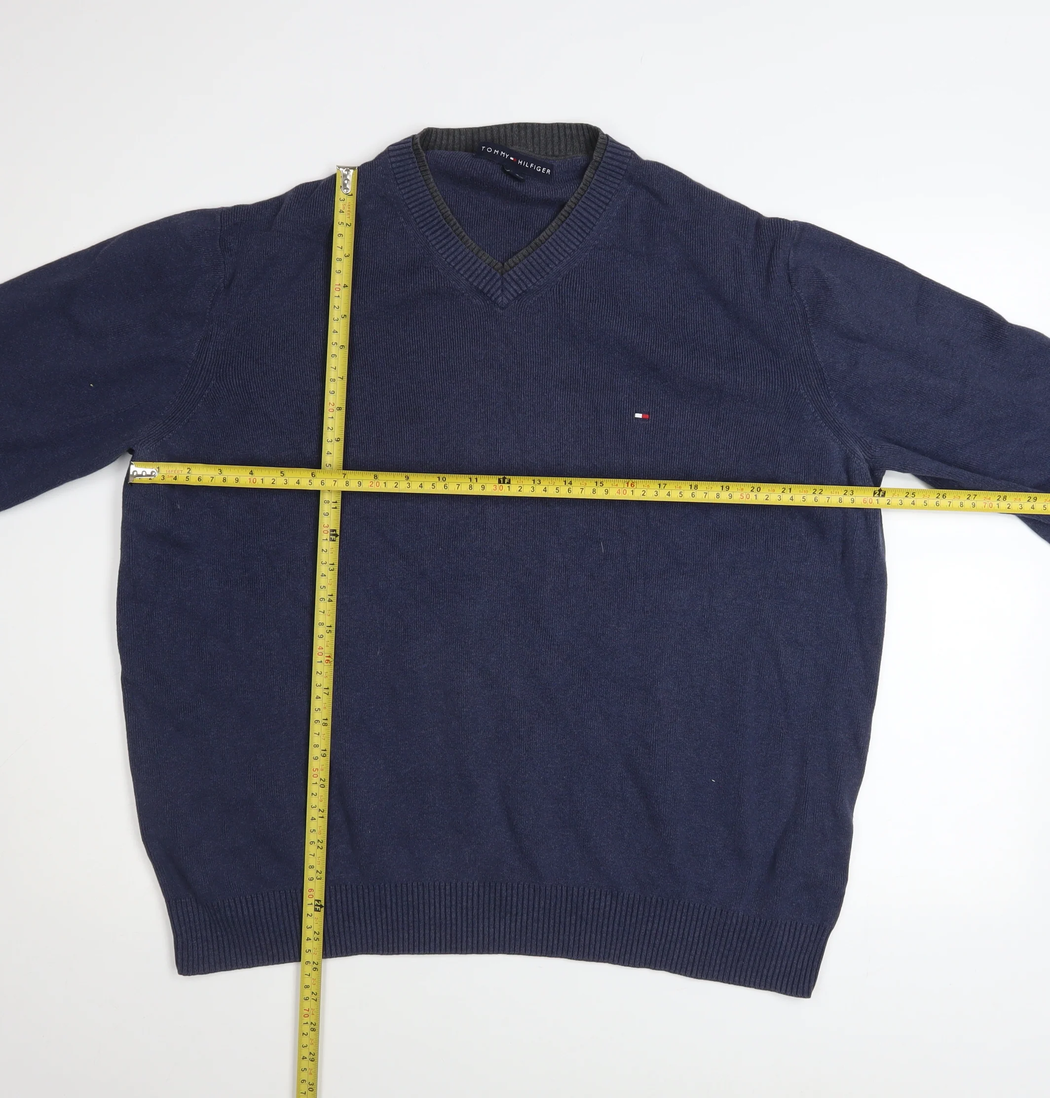 Tommy Hilfiger Men's Blue V-Neck Cotton Jumper XL Pullover - Image 2