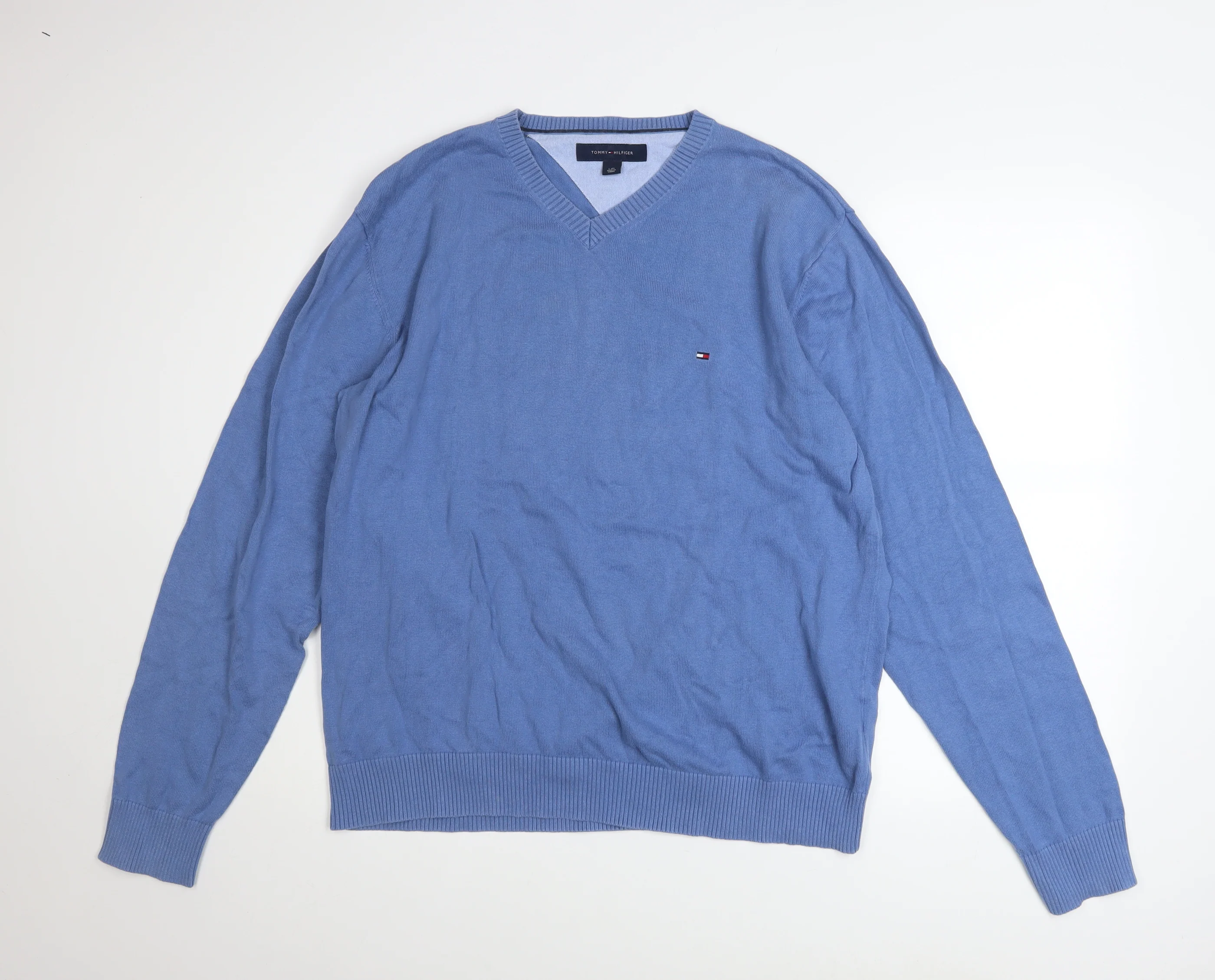 Tommy Hilfiger Men's Blue V-Neck Cotton Pullover Jumper Size L