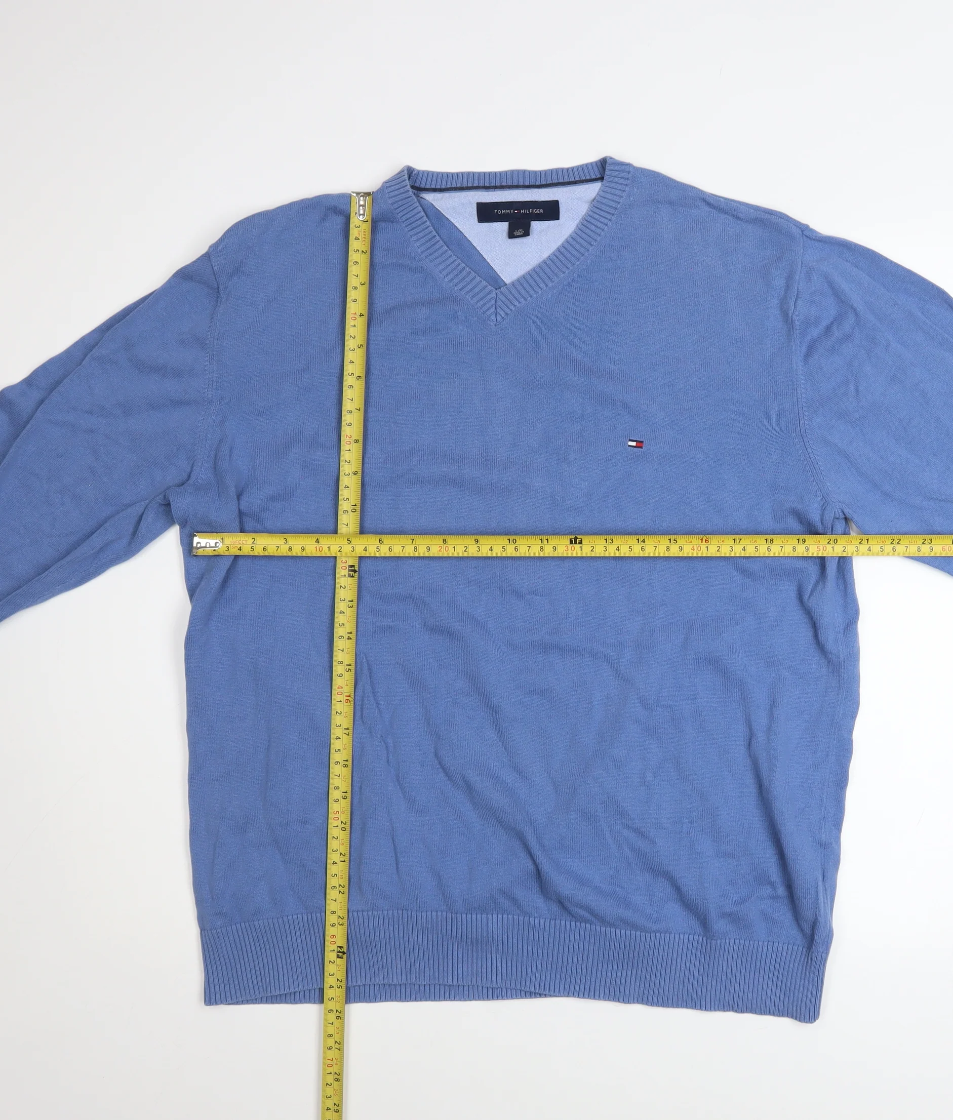 Tommy Hilfiger Men's Blue V-Neck Cotton Pullover Jumper Size L - Image 2