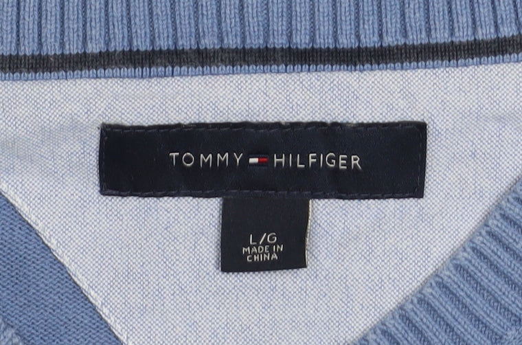 Tommy Hilfiger Men's Blue V-Neck Cotton Pullover Jumper Size L - Image 4