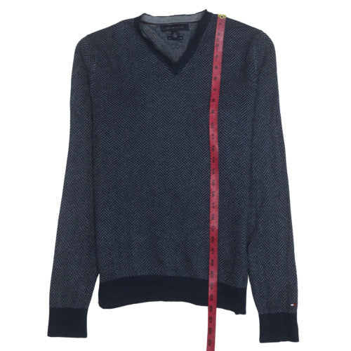 Tommy Hilfiger Men's Blue V-Neck Herringbone Cotton Jumper S - Image 2