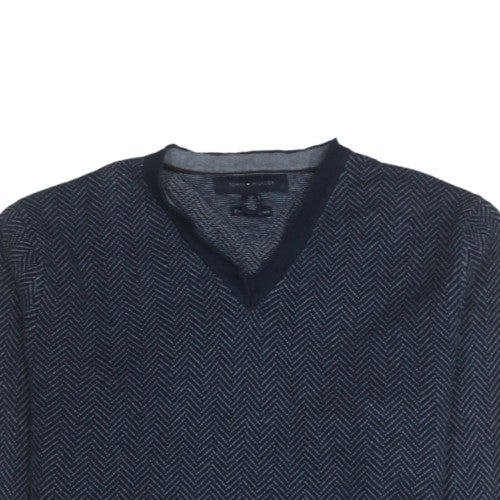 Tommy Hilfiger Men's Blue V-Neck Herringbone Cotton Jumper S - Image 7