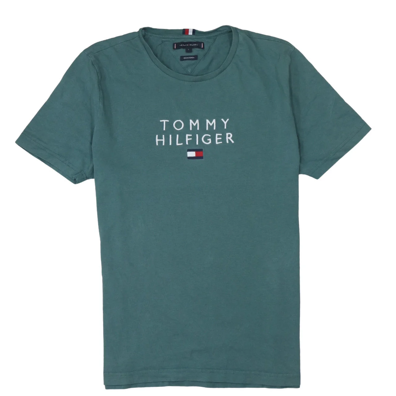 Tommy Hilfiger Men's Green Logo Embroidered Organic Cotton T-Shirt L