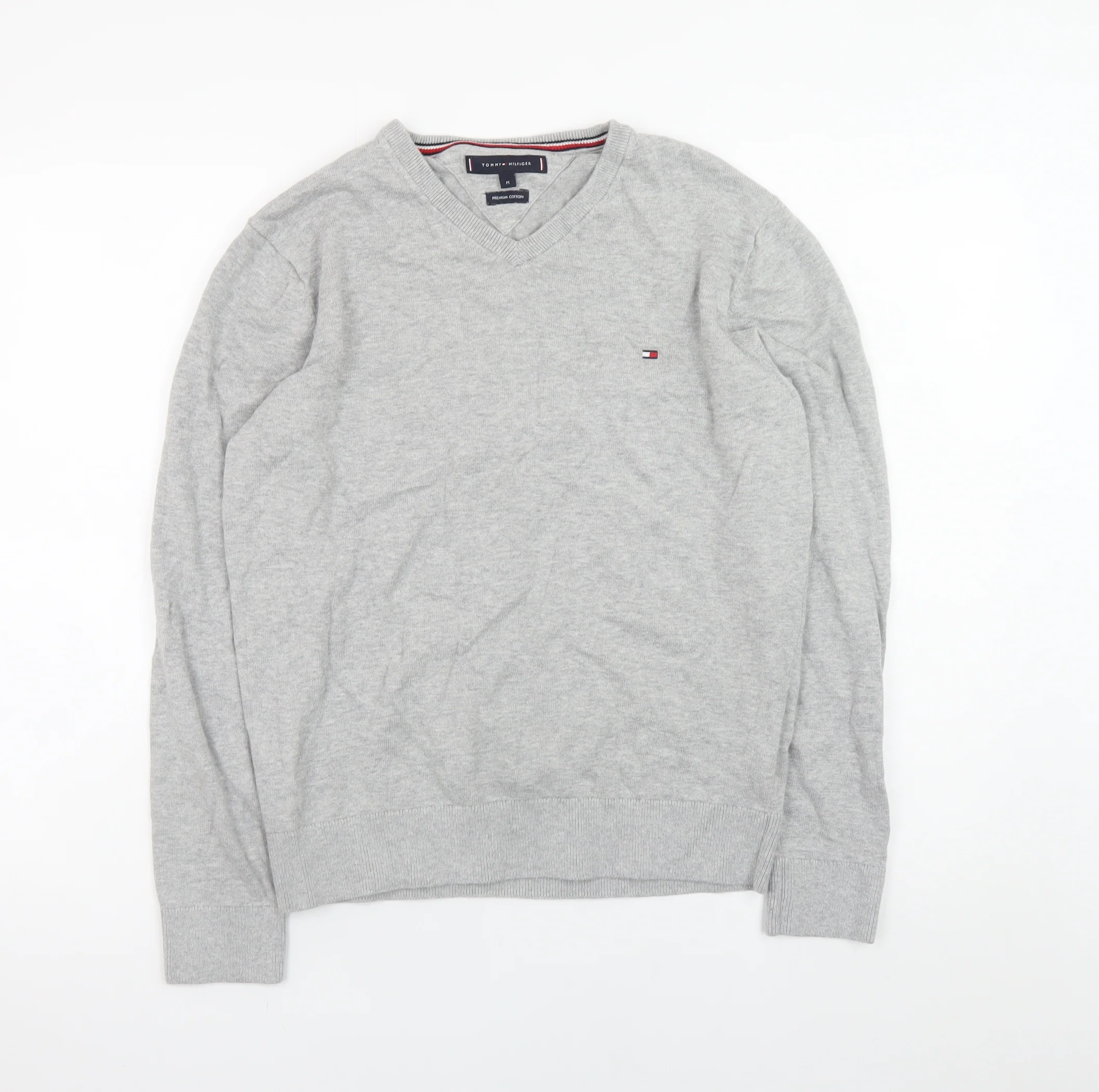 Tommy Hilfiger Men's Grey V-Neck Cotton Jumper Size M