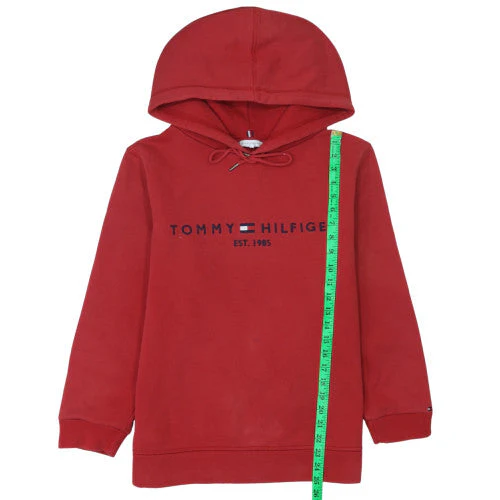 Tommy Hilfiger Men's Red Pullover Hoodie M Logo Fleece Sweatshirt - Image 2